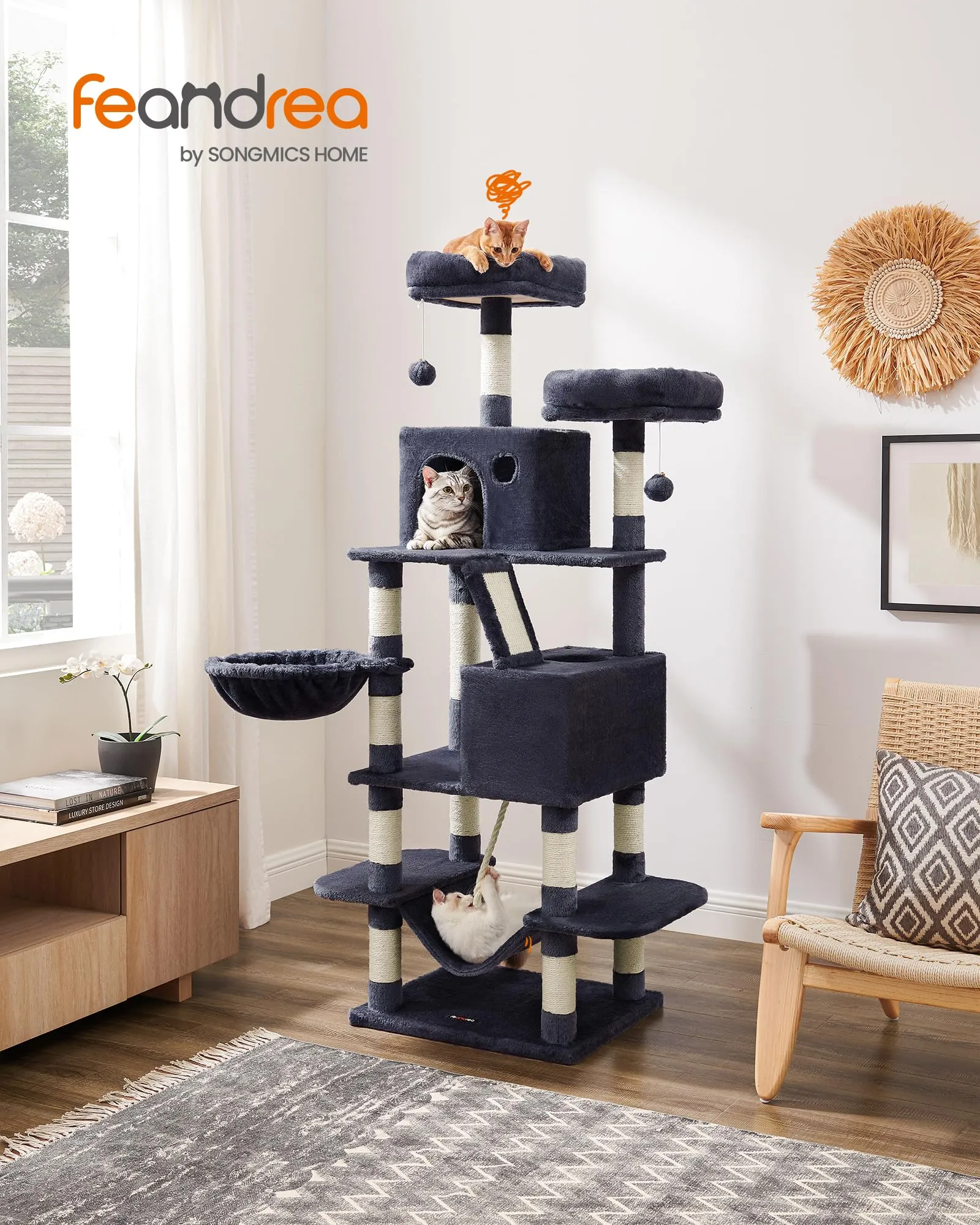 Feandrea Albero per Gatti 165 cm a Più Livelli in Peluche Grigio Fumo - immagine 2