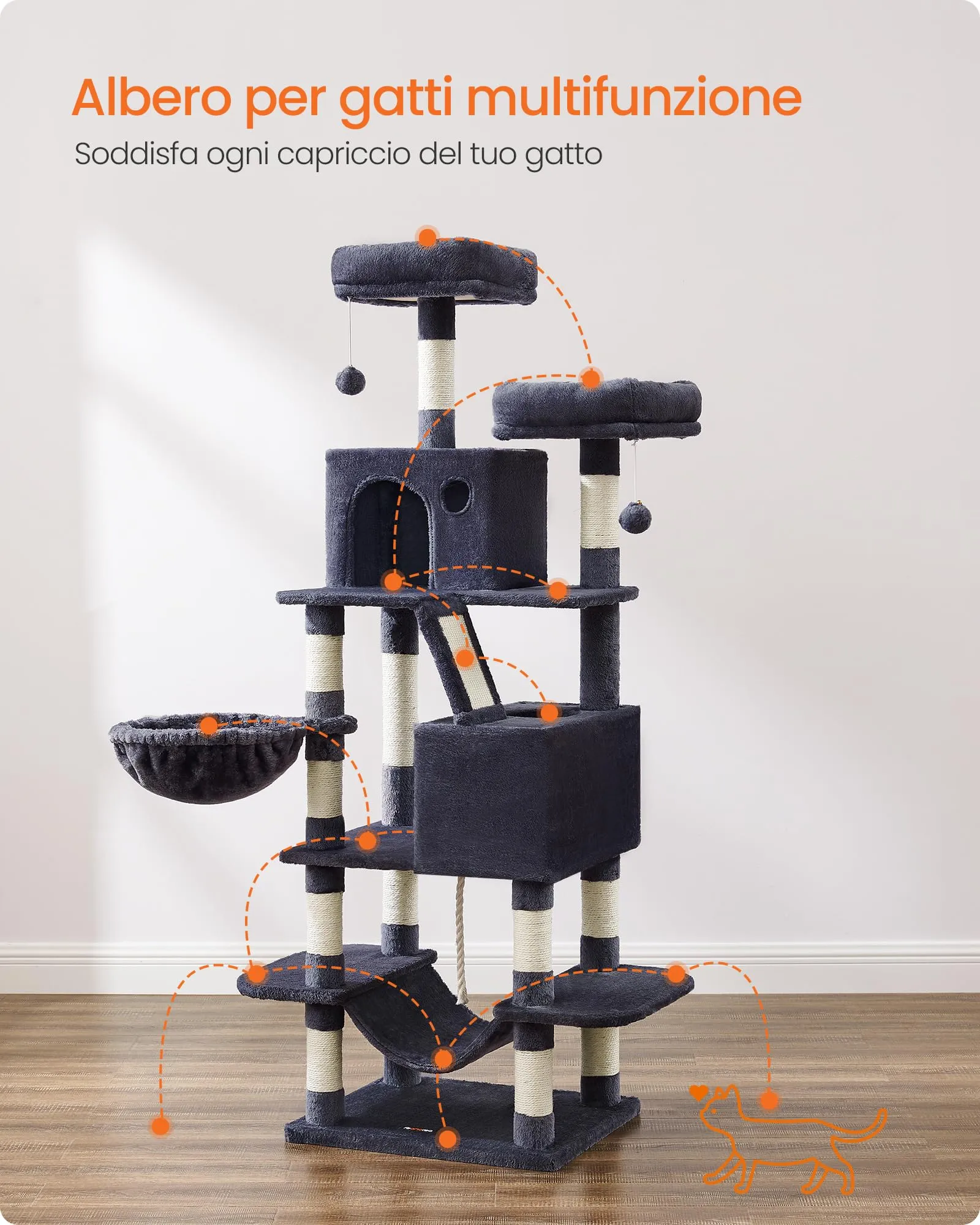 Feandrea Albero per Gatti 165 cm a Più Livelli in Peluche Grigio Fumo - immagine 3