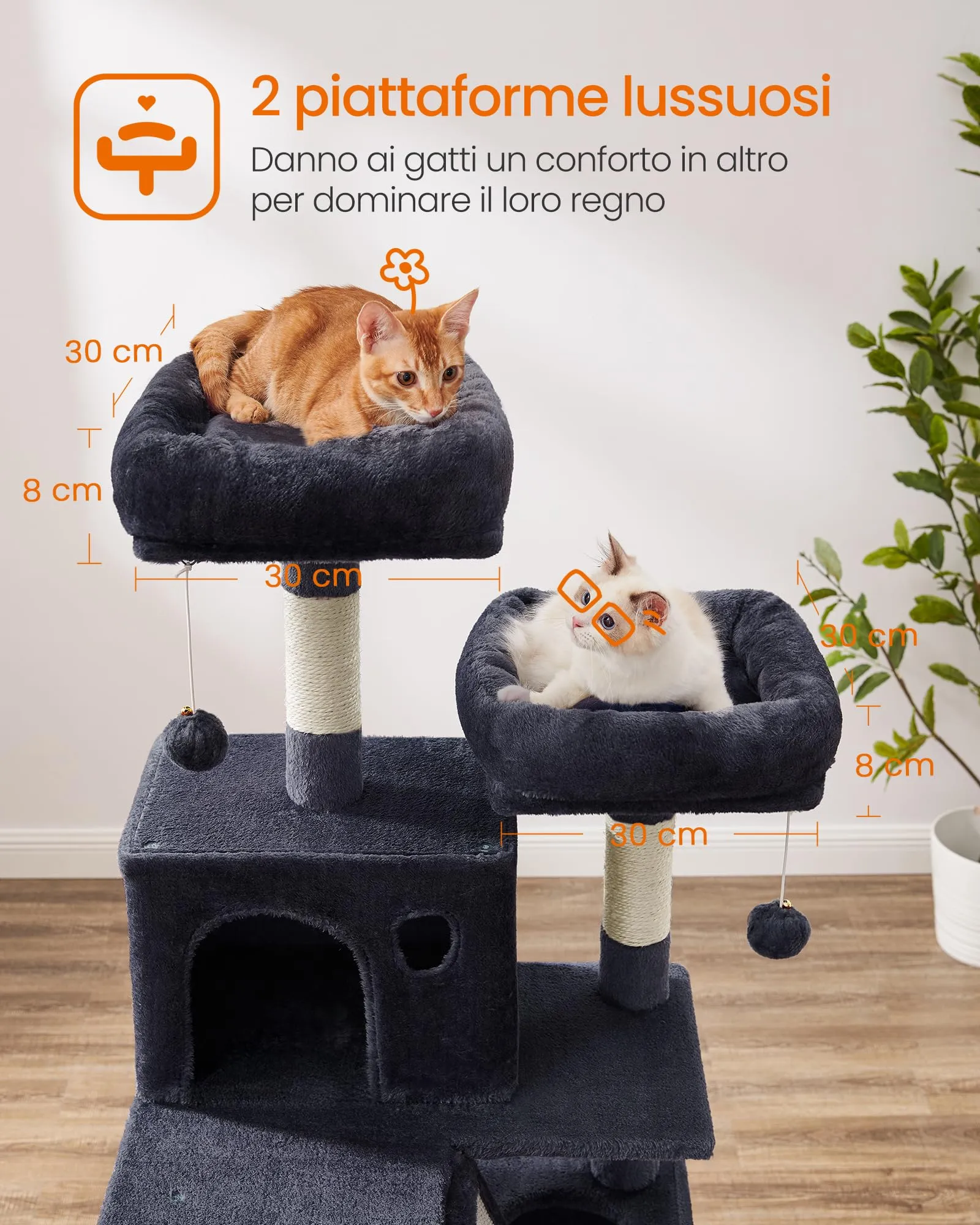 Feandrea Albero per Gatti 165 cm a Più Livelli in Peluche Grigio Fumo - immagine 4