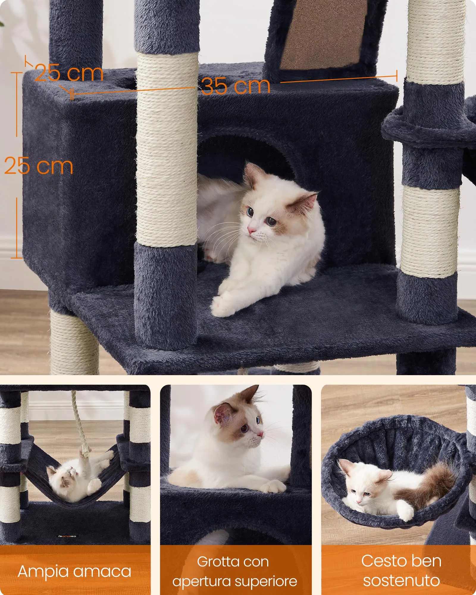 Feandrea Albero per Gatti 165 cm a Più Livelli in Peluche Grigio Fumo - immagine 5