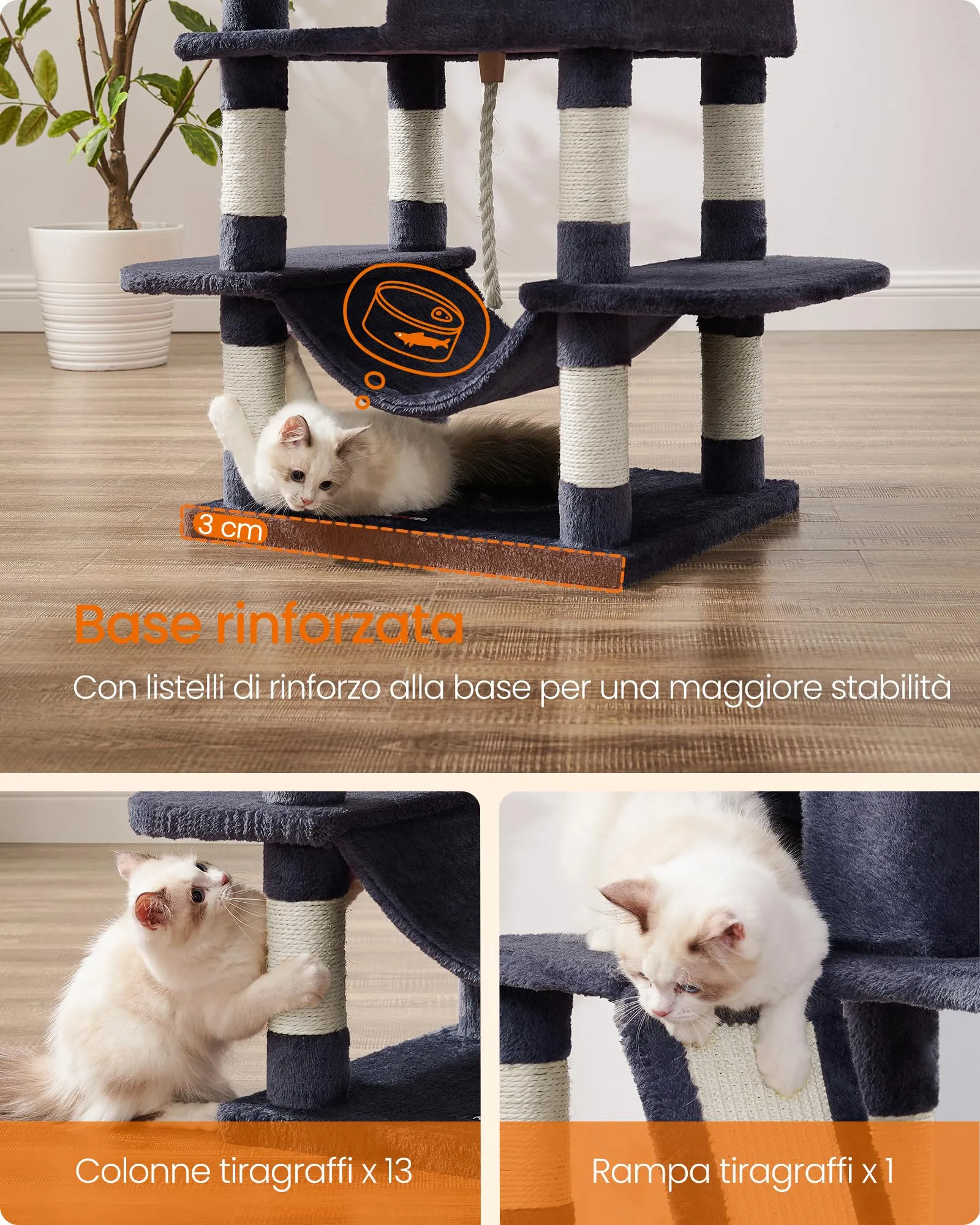 Feandrea Albero per Gatti 165 cm a Più Livelli in Peluche Grigio Fumo - immagine 8
