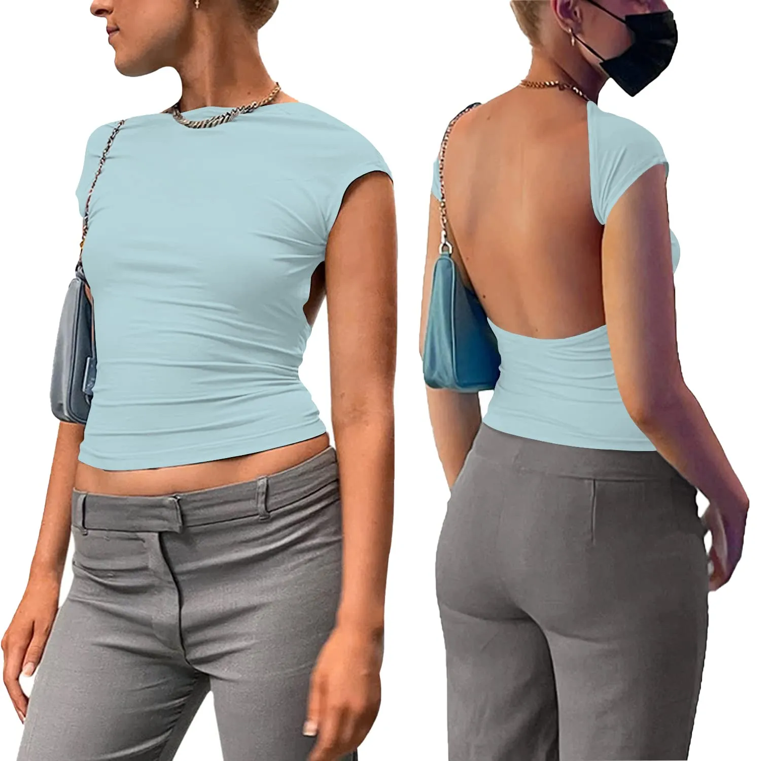 ForeFair Maglietta Crop Donna con Schiena Scoperta, Maniche Corte, Blu, M - immagine 2