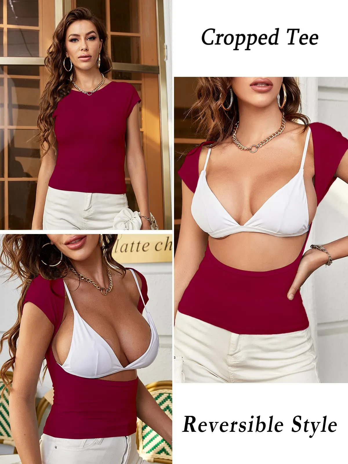 ForeFair Maglietta Crop Donna Schiena Scoperta Maniche Corte Borgogna, L - immagine 3