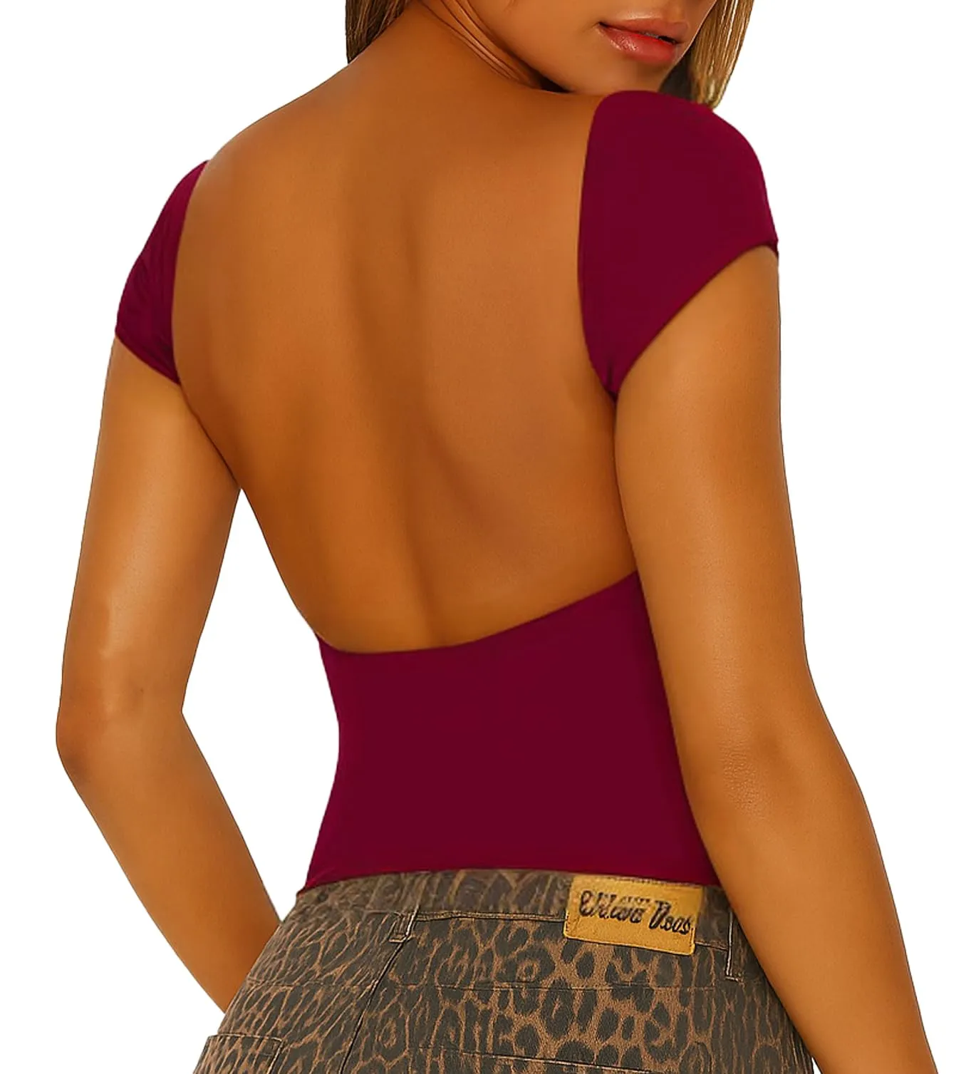 ForeFair Maglietta Crop Donna Schiena Scoperta Maniche Corte Borgogna, M - immagine 1
