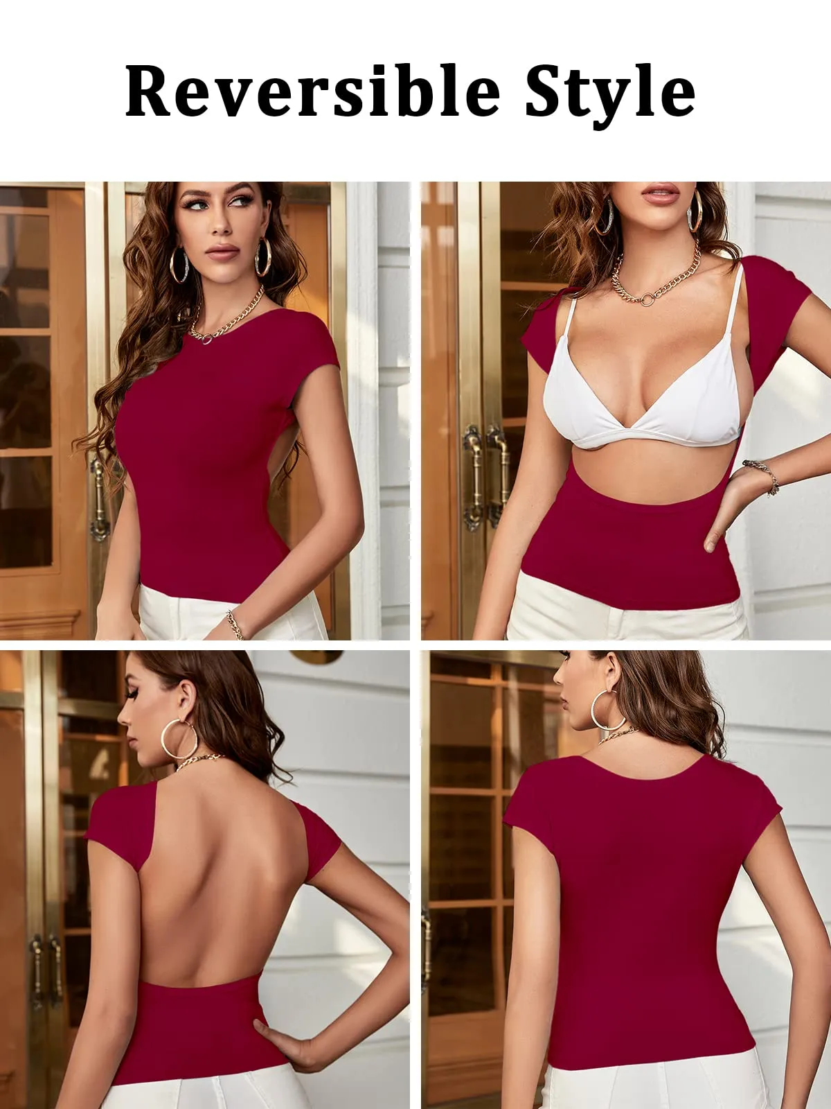 ForeFair Maglietta Crop Donna Schiena Scoperta a Maniche Corte, Borgogna, S - immagine 2