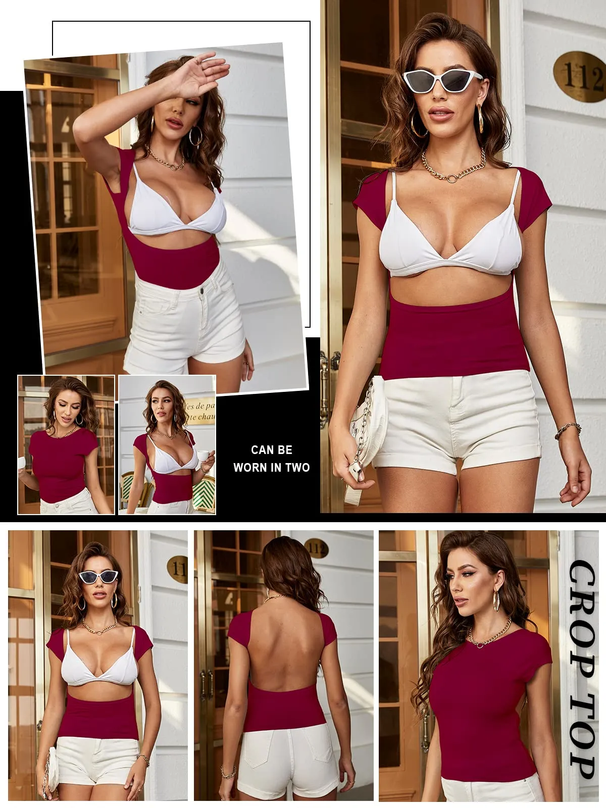 ForeFair Maglietta Crop Donna Schiena Scoperta a Maniche Corte, Borgogna, S - immagine 4