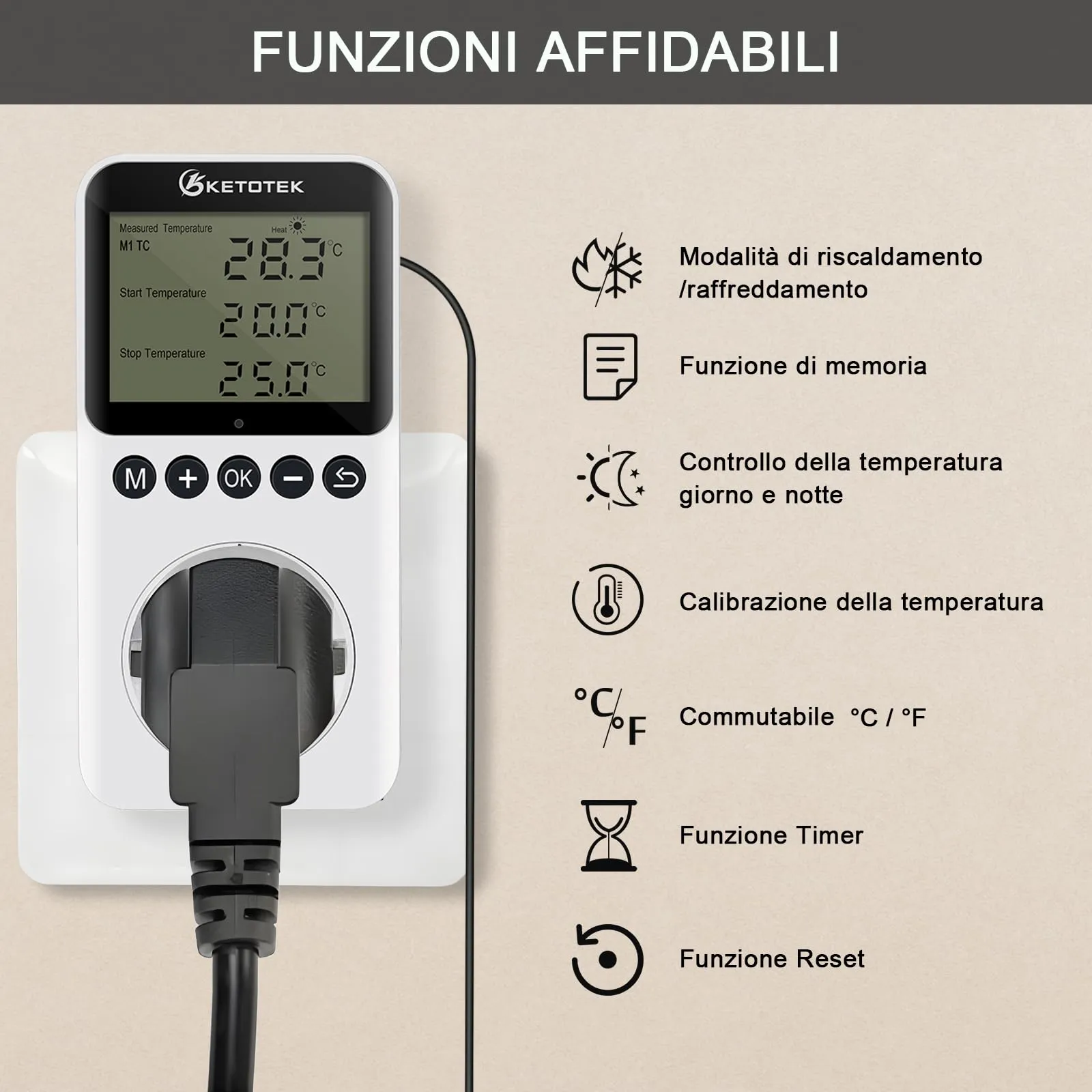 KETOTEK KT3200PRO Presa Termostato Digitale con Timer Giorno Notte e Sonda 220V - immagine 2