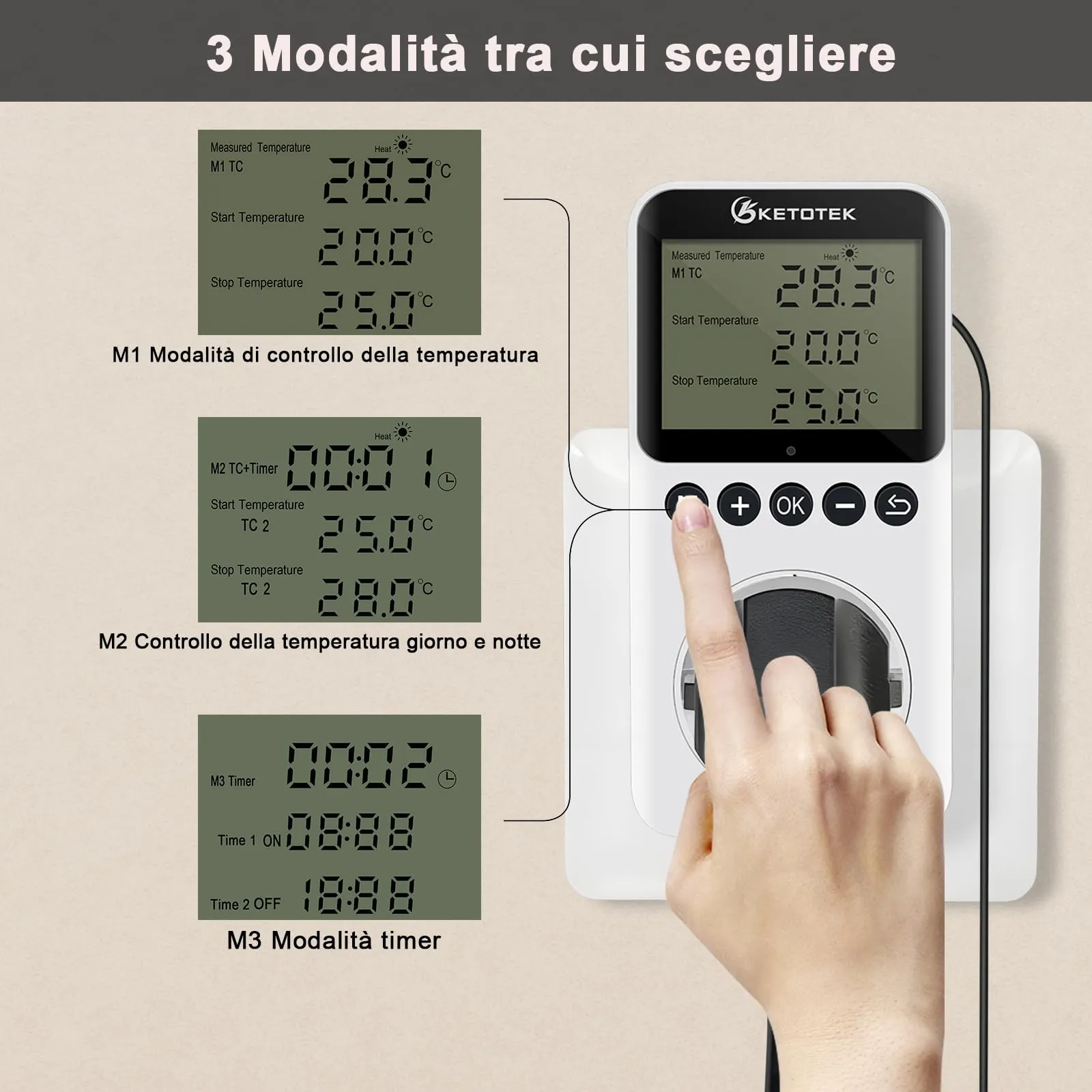 KETOTEK KT3200PRO Presa Termostato Digitale con Timer Giorno Notte e Sonda 220V - immagine 3