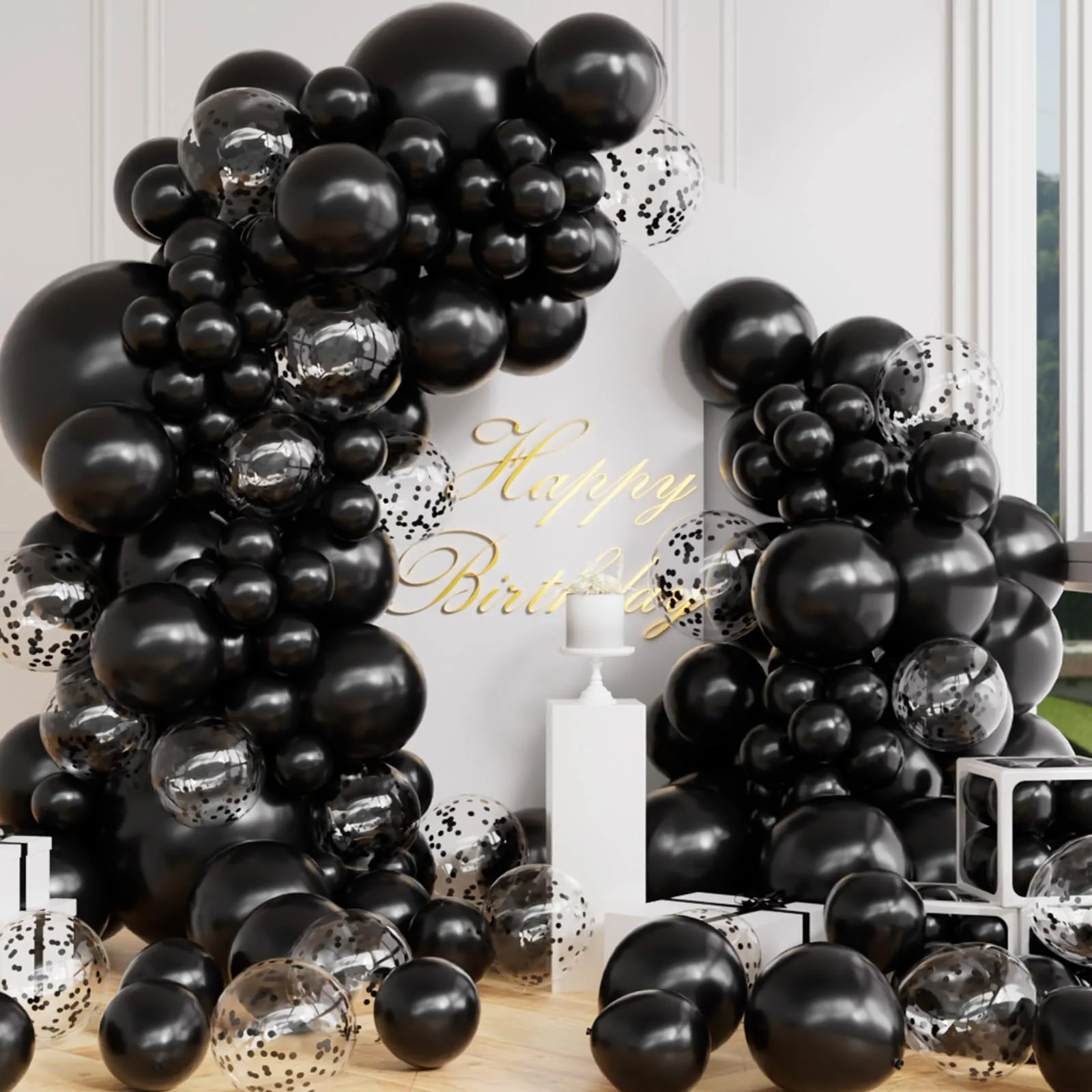 AULE Kit Arco Palloncini Neri 100 Pezzi con Coriandoli e Set Ghirlanda - immagine 1