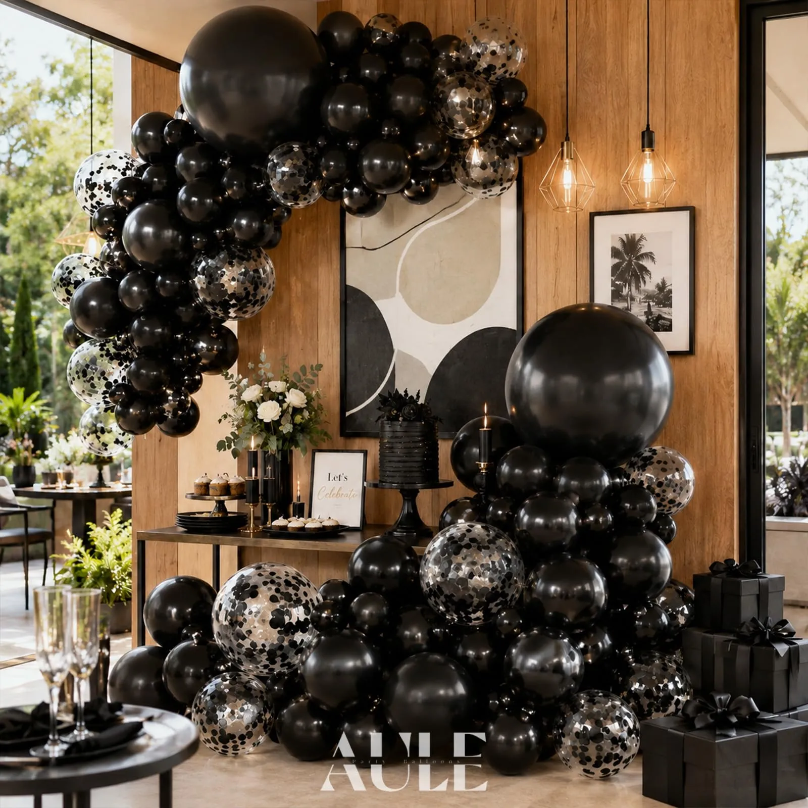 AULE Kit Arco Palloncini Neri 100 Pezzi con Coriandoli e Set Ghirlanda - immagine 2