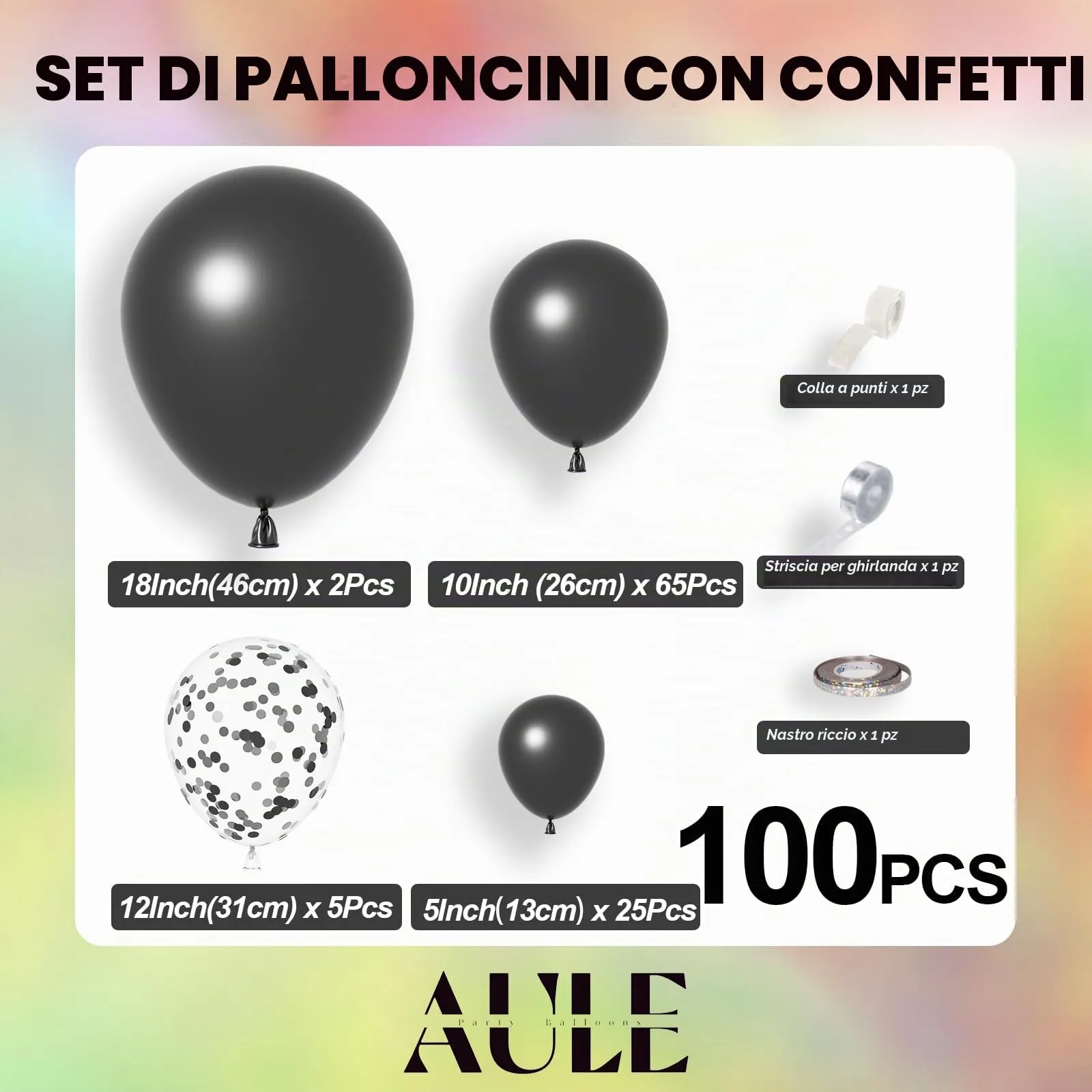 AULE Kit Arco Palloncini Neri 100 Pezzi con Coriandoli e Set Ghirlanda - immagine 4