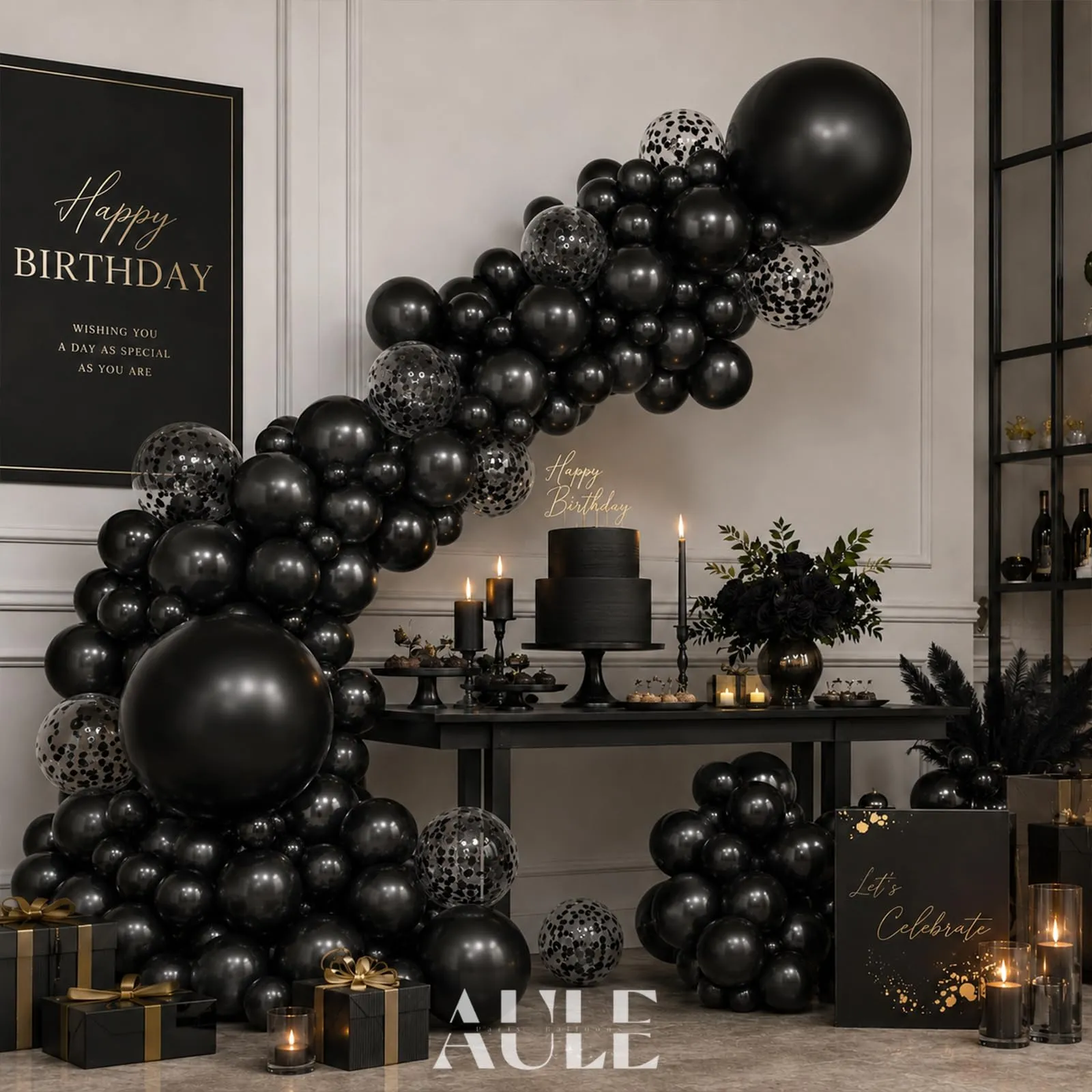 AULE Kit Arco Palloncini Neri 100 Pezzi con Coriandoli e Set Ghirlanda - immagine 5