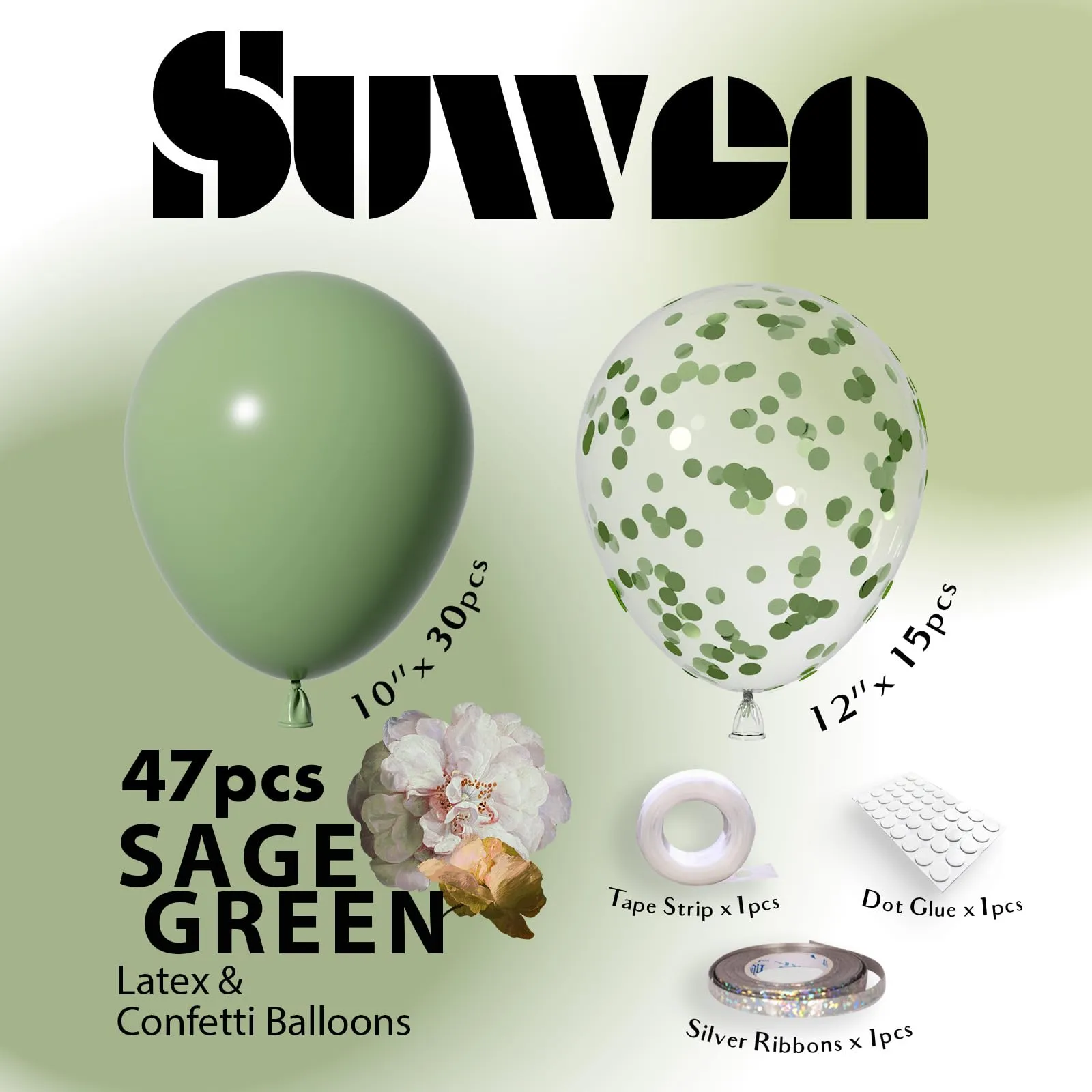 SUWEN Set 47 Pezzi Palloncini Latex e Confetti Verde Salvia - immagine 2