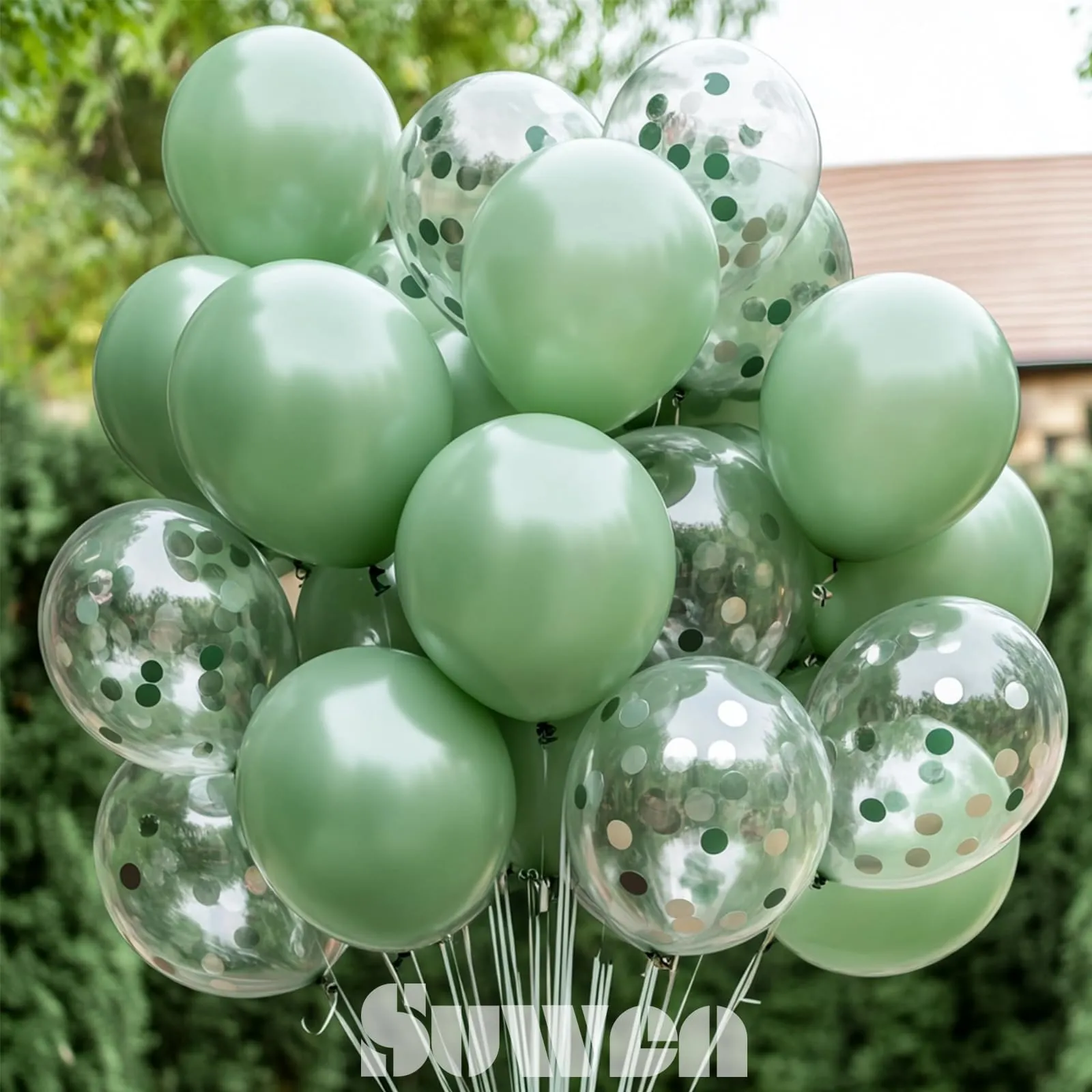 SUWEN Set 47 Pezzi Palloncini Latex e Confetti Verde Salvia - immagine 3