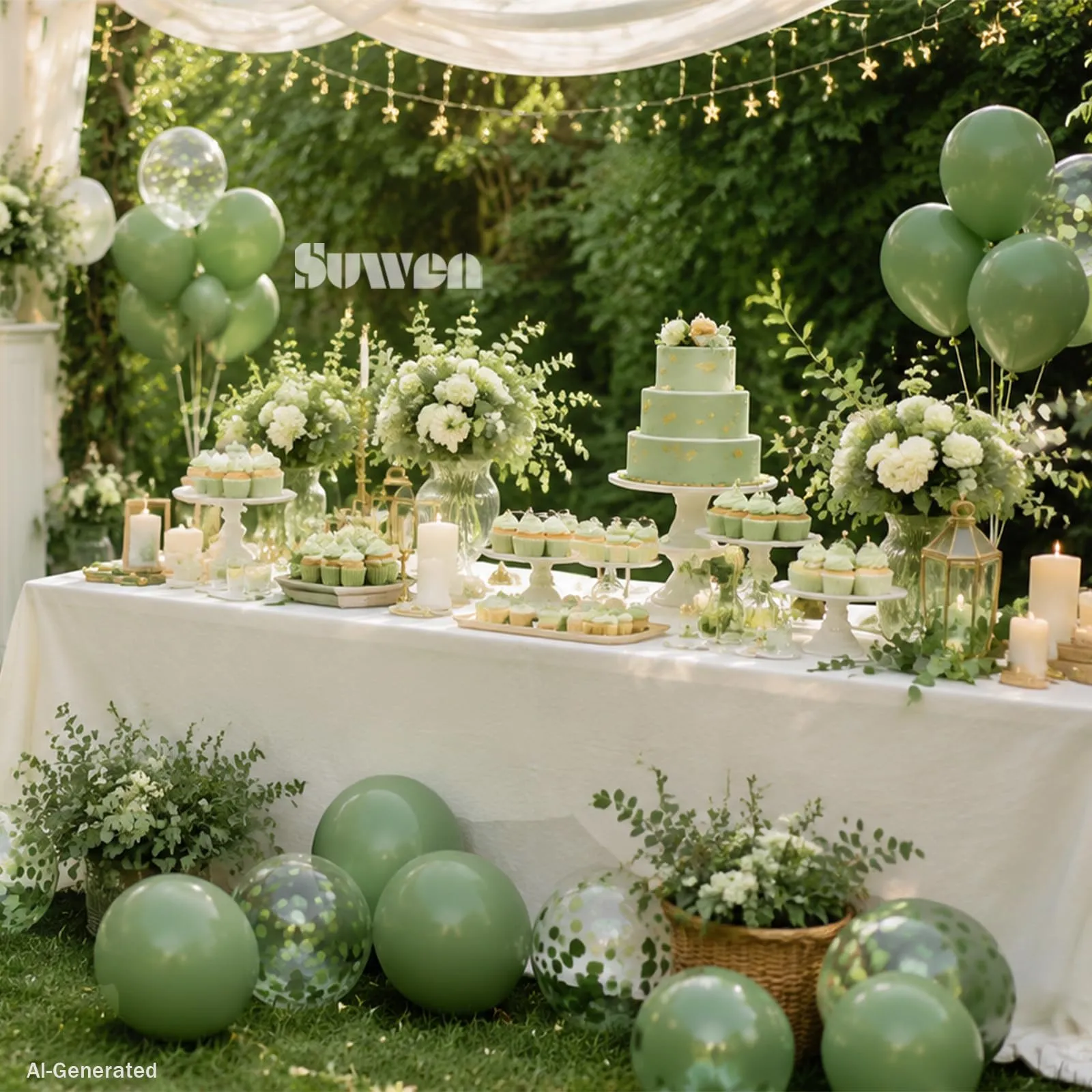 SUWEN Set 47 Pezzi Palloncini Latex e Confetti Verde Salvia - immagine 4