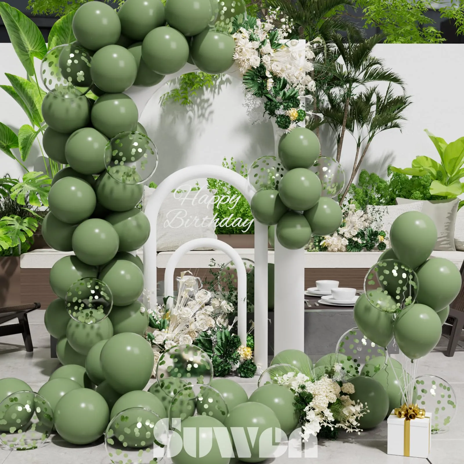 SUWEN Set 47 Pezzi Palloncini Latex e Confetti Verde Salvia - immagine 5