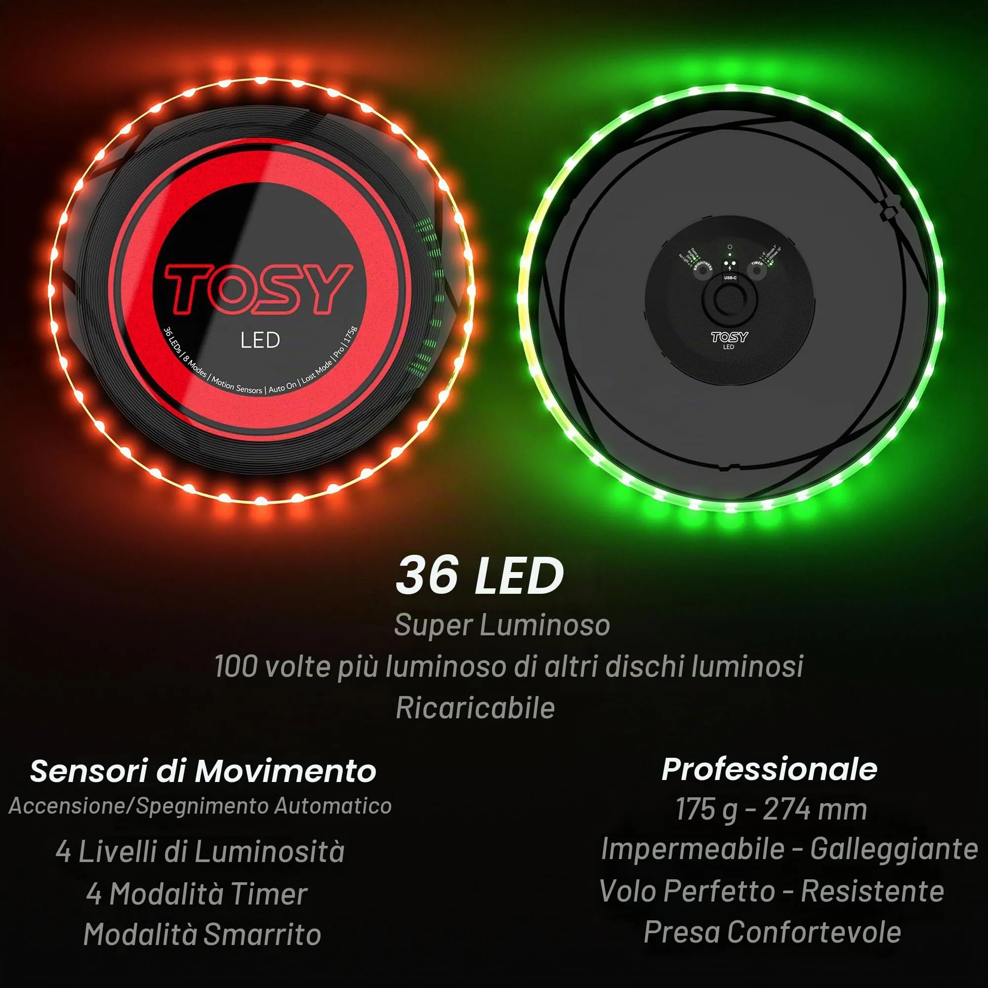 TOSY Flying Disc, 36 LED, Rechargeable, Waterproof, 175g - immagine 4