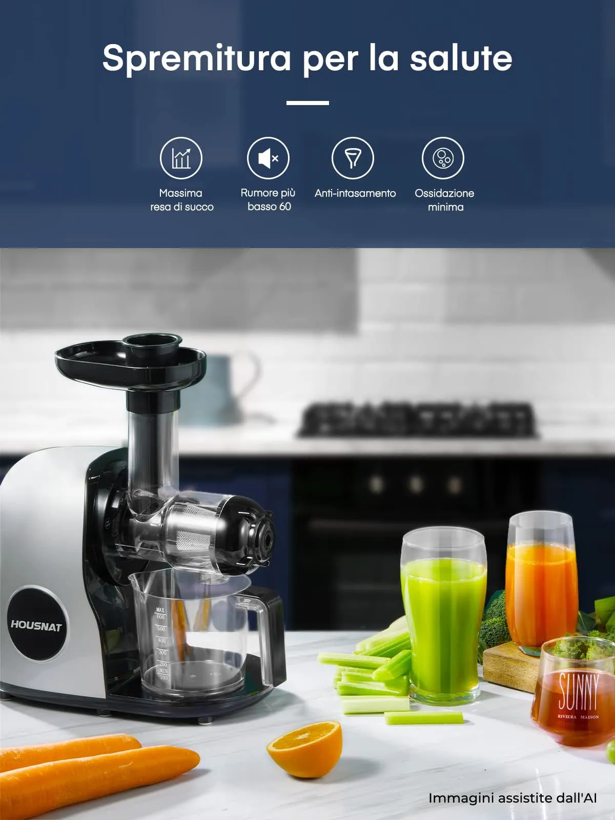 Housnat Estrattore di succo per frutta e verdura, Motore Silenzioso, Funzione Inversa, Argento - immagine 7