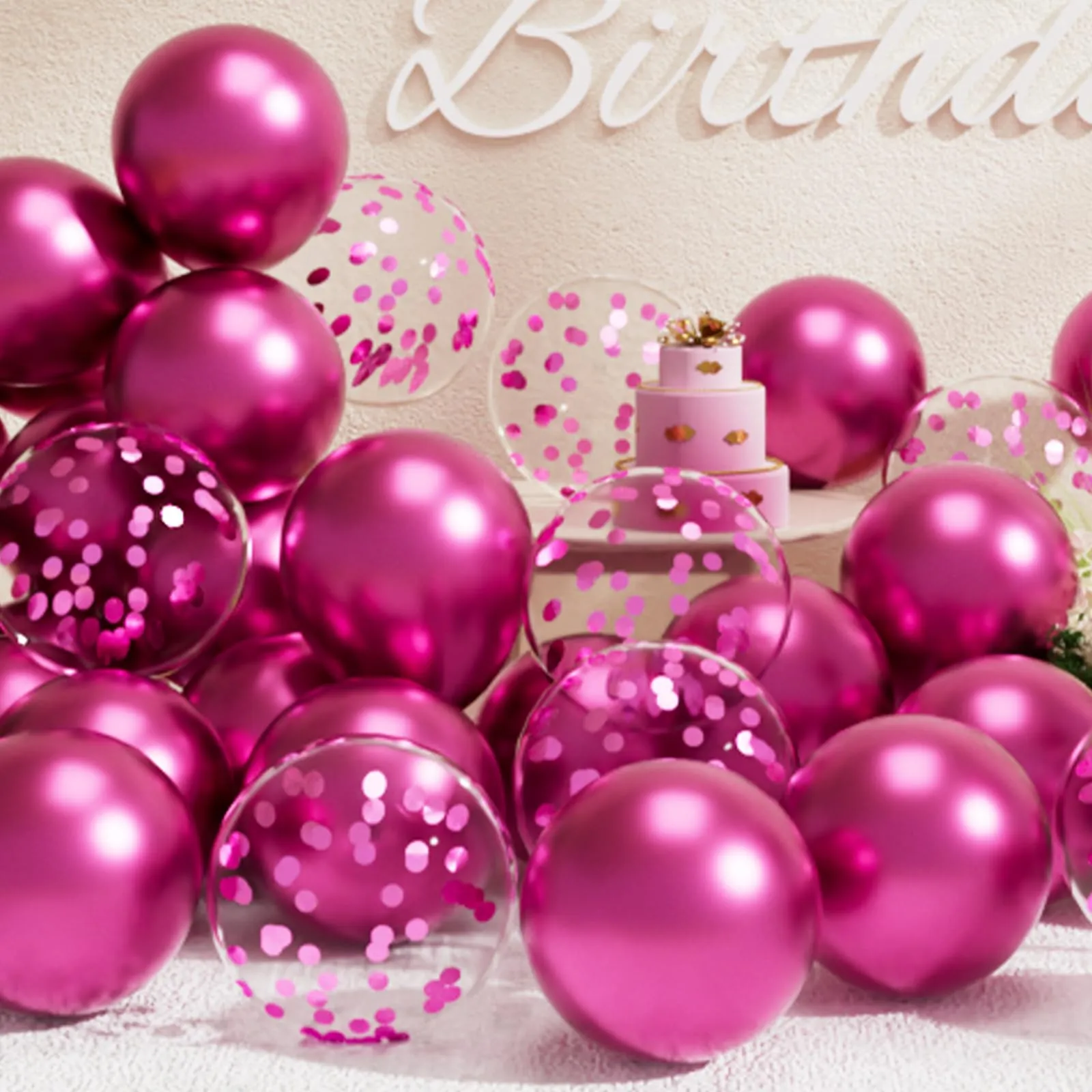 SUWEN Set 47 Pezzi Palloncini Rosa Vivo Metallico e Confetti - immagine 1