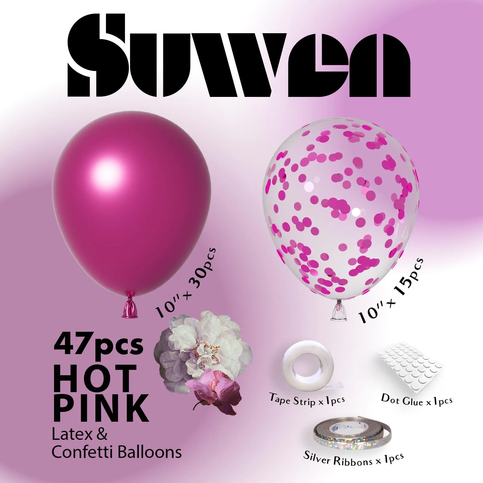 SUWEN Set 47 Pezzi Palloncini Rosa Vivo Metallico e Confetti - immagine 2