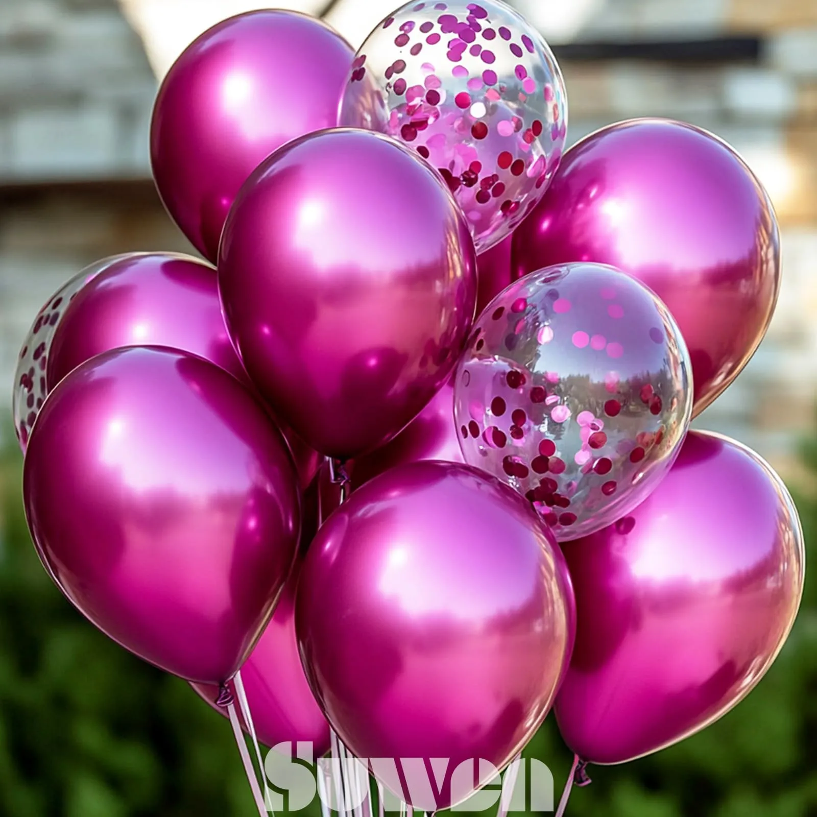 SUWEN Set 47 Pezzi Palloncini Rosa Vivo Metallico e Confetti - immagine 3