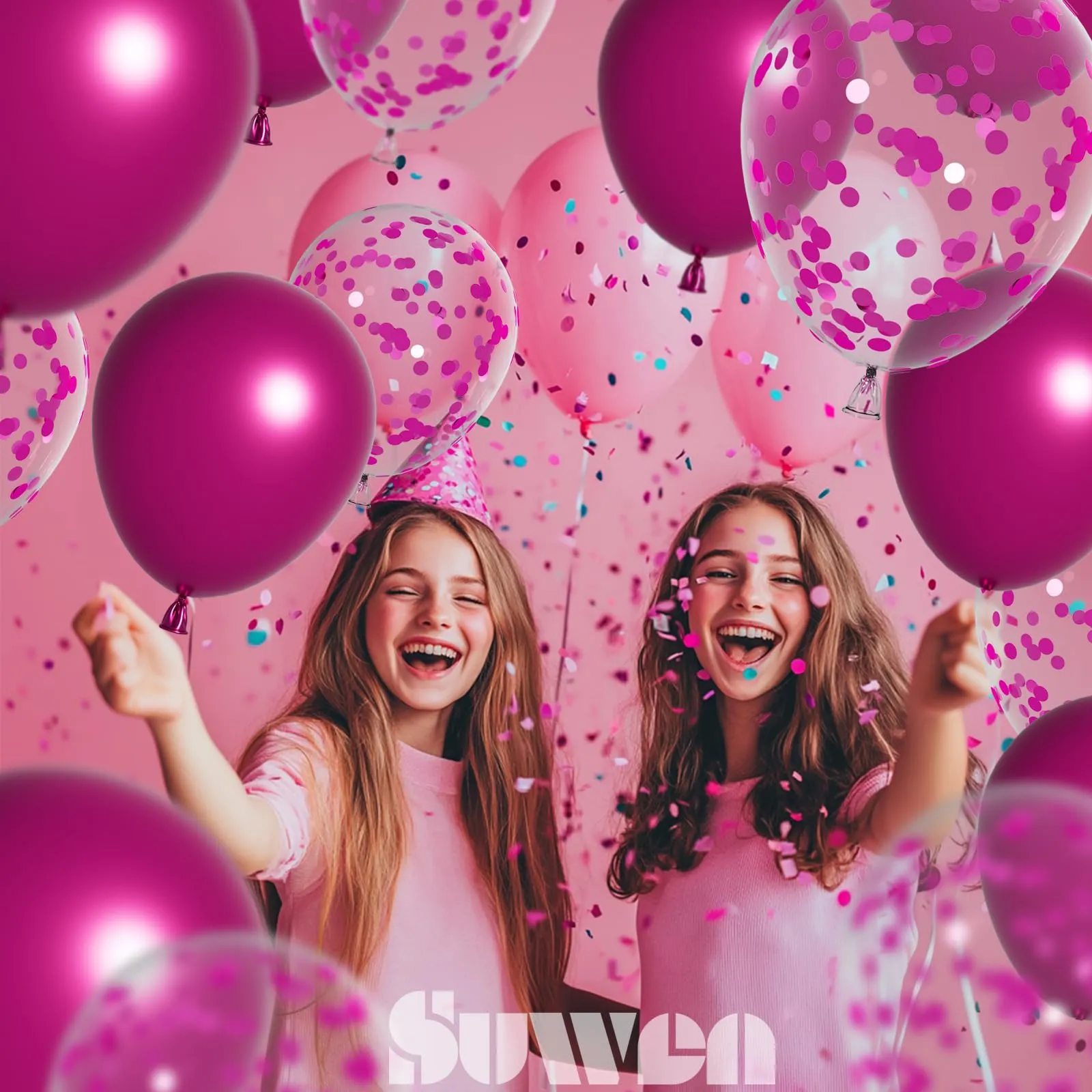 SUWEN Set 47 Pezzi Palloncini Rosa Vivo Metallico e Confetti - immagine 4