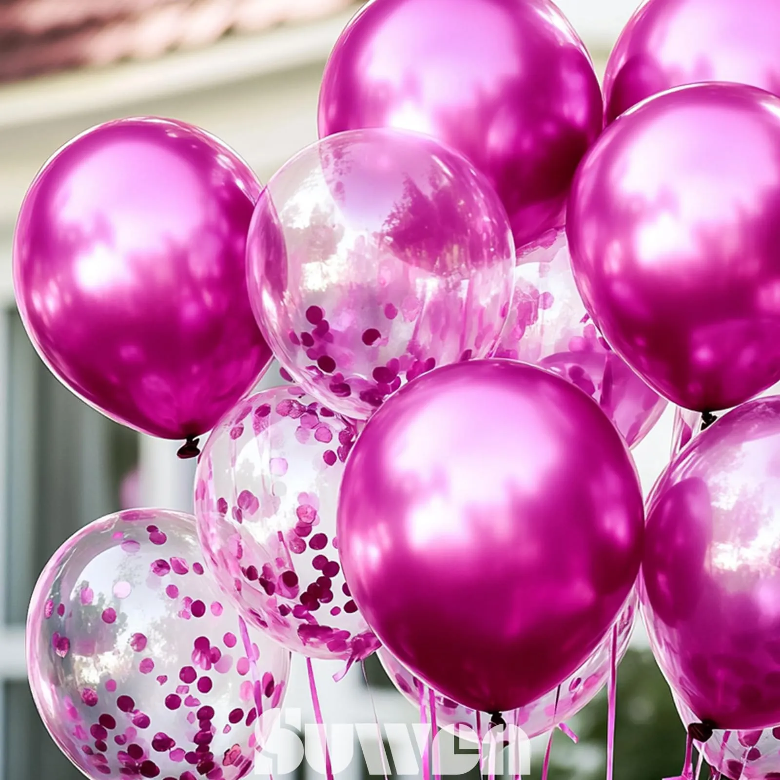 SUWEN Set 47 Pezzi Palloncini Rosa Vivo Metallico e Confetti - immagine 5