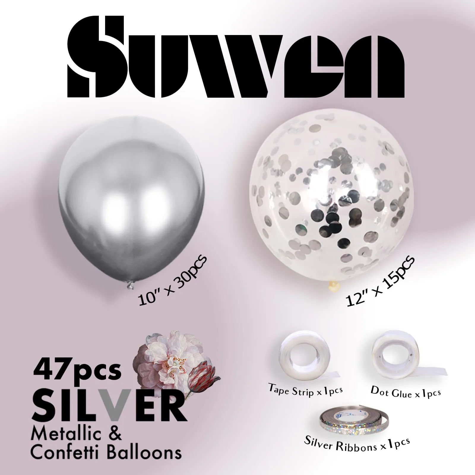 SUWEN Set 47 Pezzi Palloncini Argento Metallico e Confetti - immagine 2