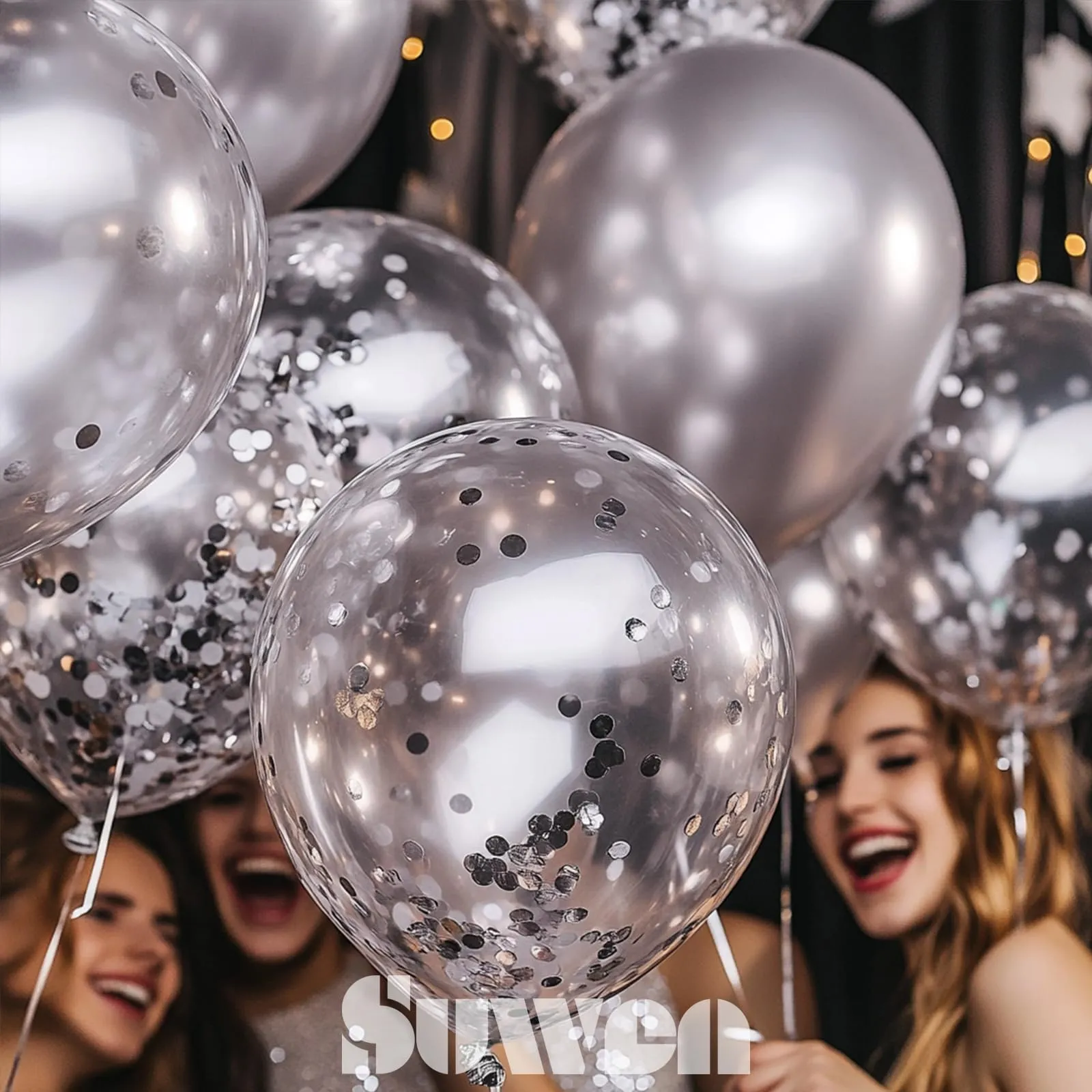 SUWEN Set 47 Pezzi Palloncini Argento Metallico e Confetti - immagine 3