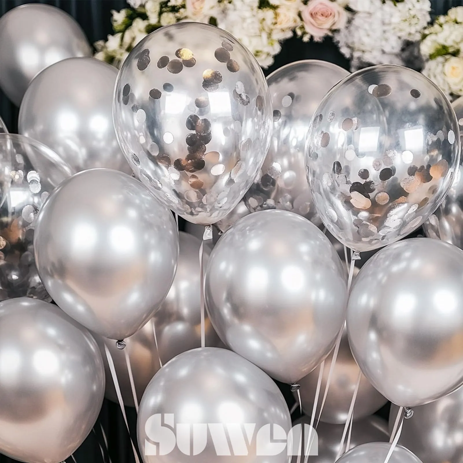 SUWEN Set 47 Pezzi Palloncini Argento Metallico e Confetti - immagine 4