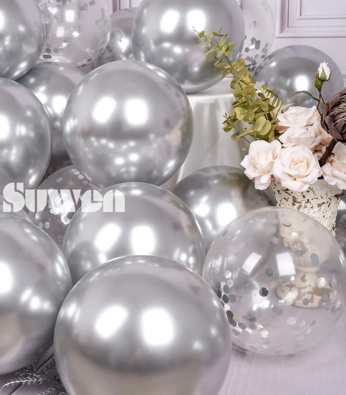 SUWEN Set 47 Pezzi Palloncini Argento Metallico e Confetti - immagine 5