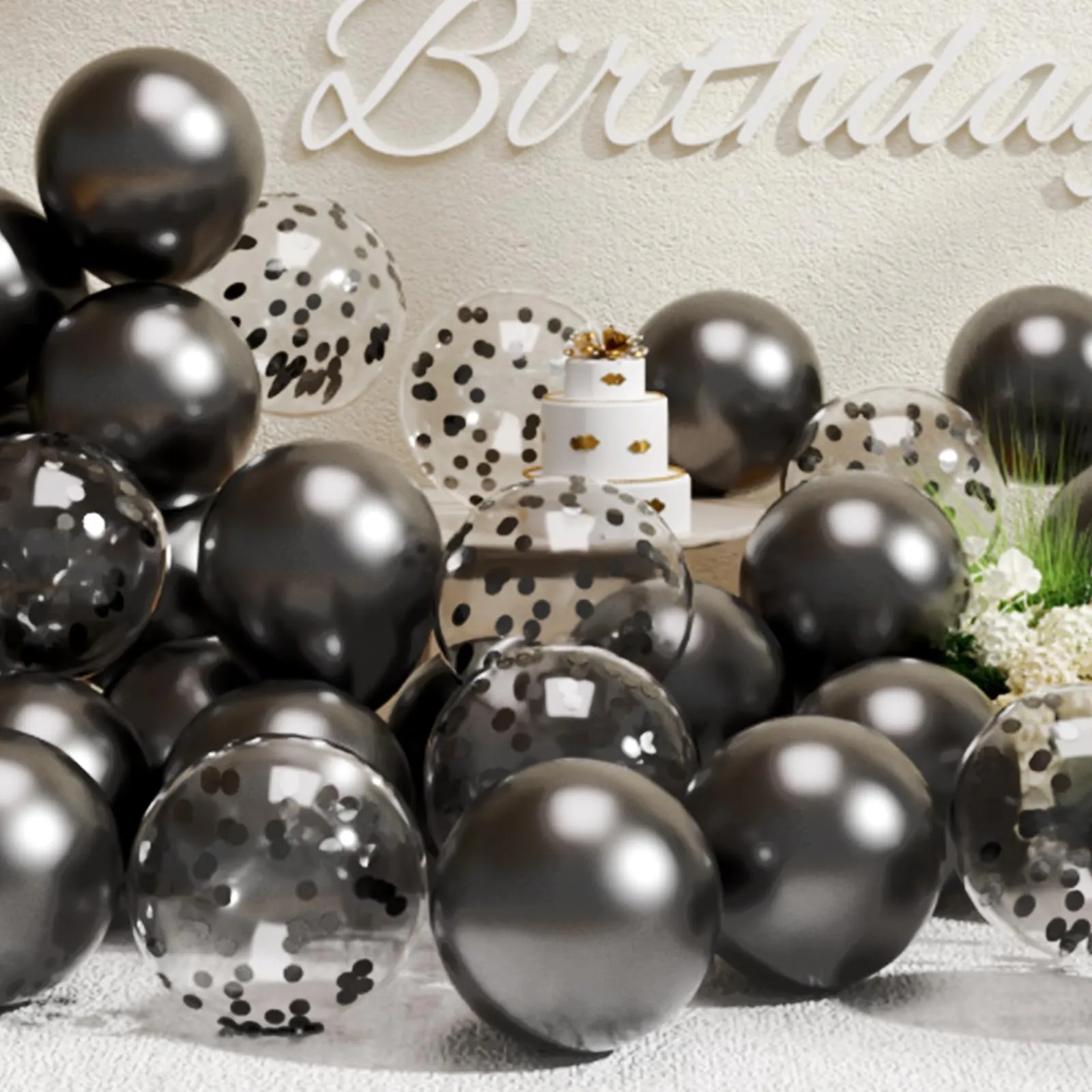 SUWEN Set 47 Pezzi Palloncini Nero Metallico e Confetti - immagine 1