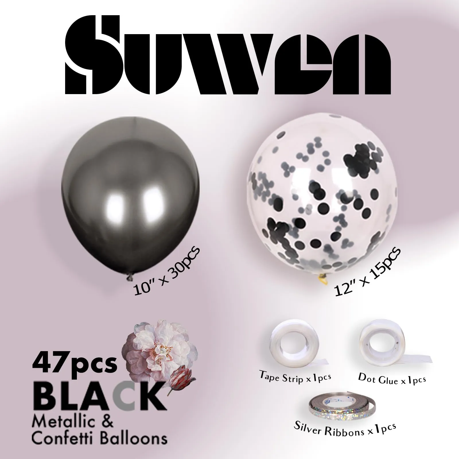 SUWEN Set 47 Pezzi Palloncini Nero Metallico e Confetti - immagine 2