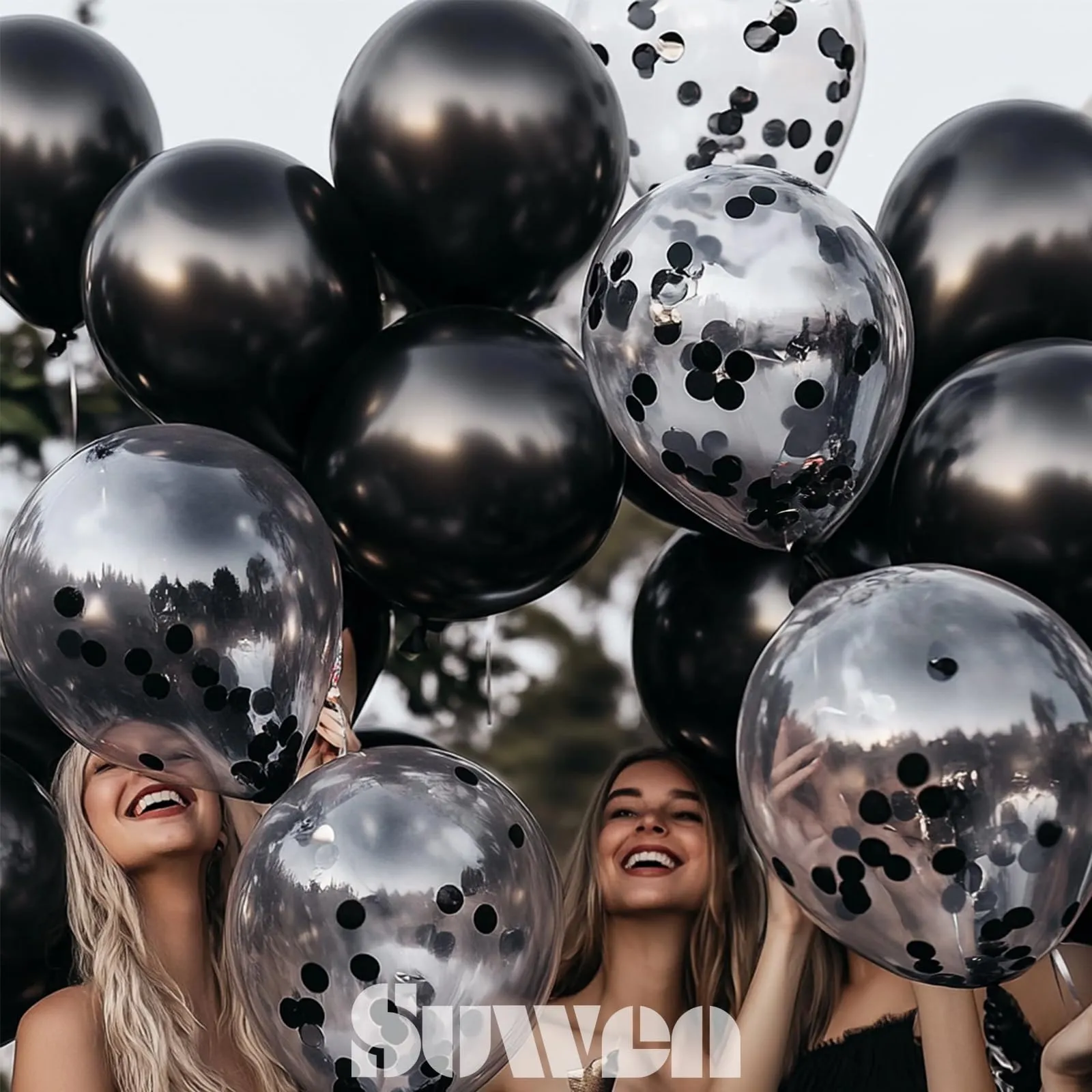 SUWEN Set 47 Pezzi Palloncini Nero Metallico e Confetti - immagine 3