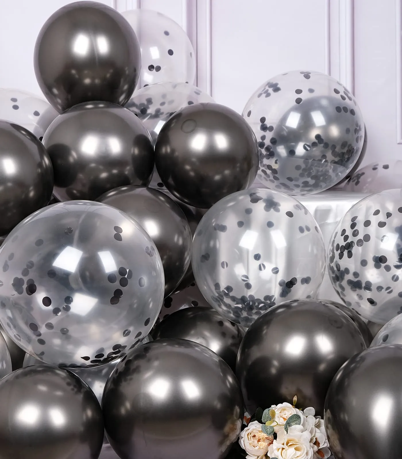 SUWEN Set 47 Pezzi Palloncini Nero Metallico e Confetti - immagine 5
