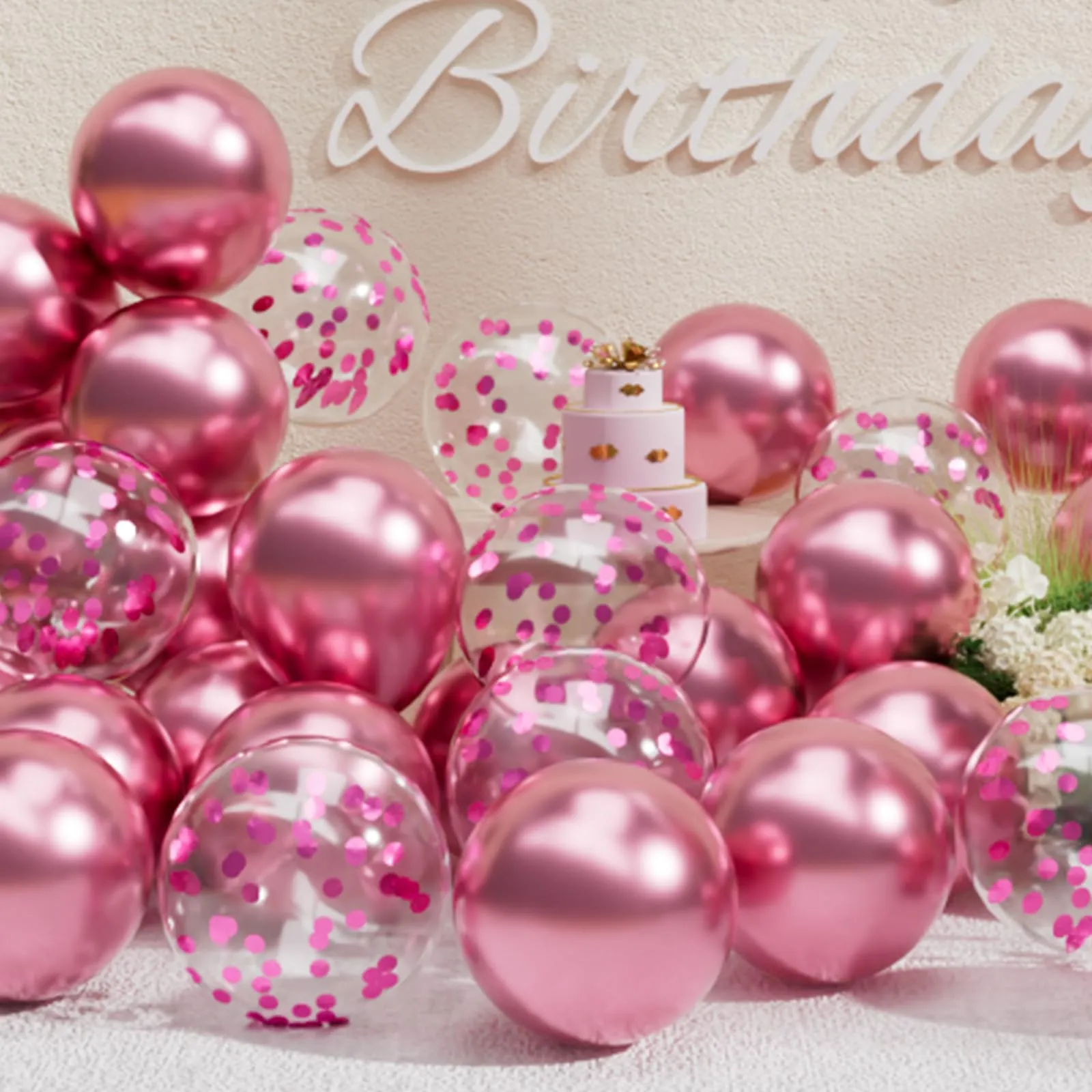 SUWEN Set 47 Pezzi Palloncini Rosa Metallico e Confetti - immagine 1