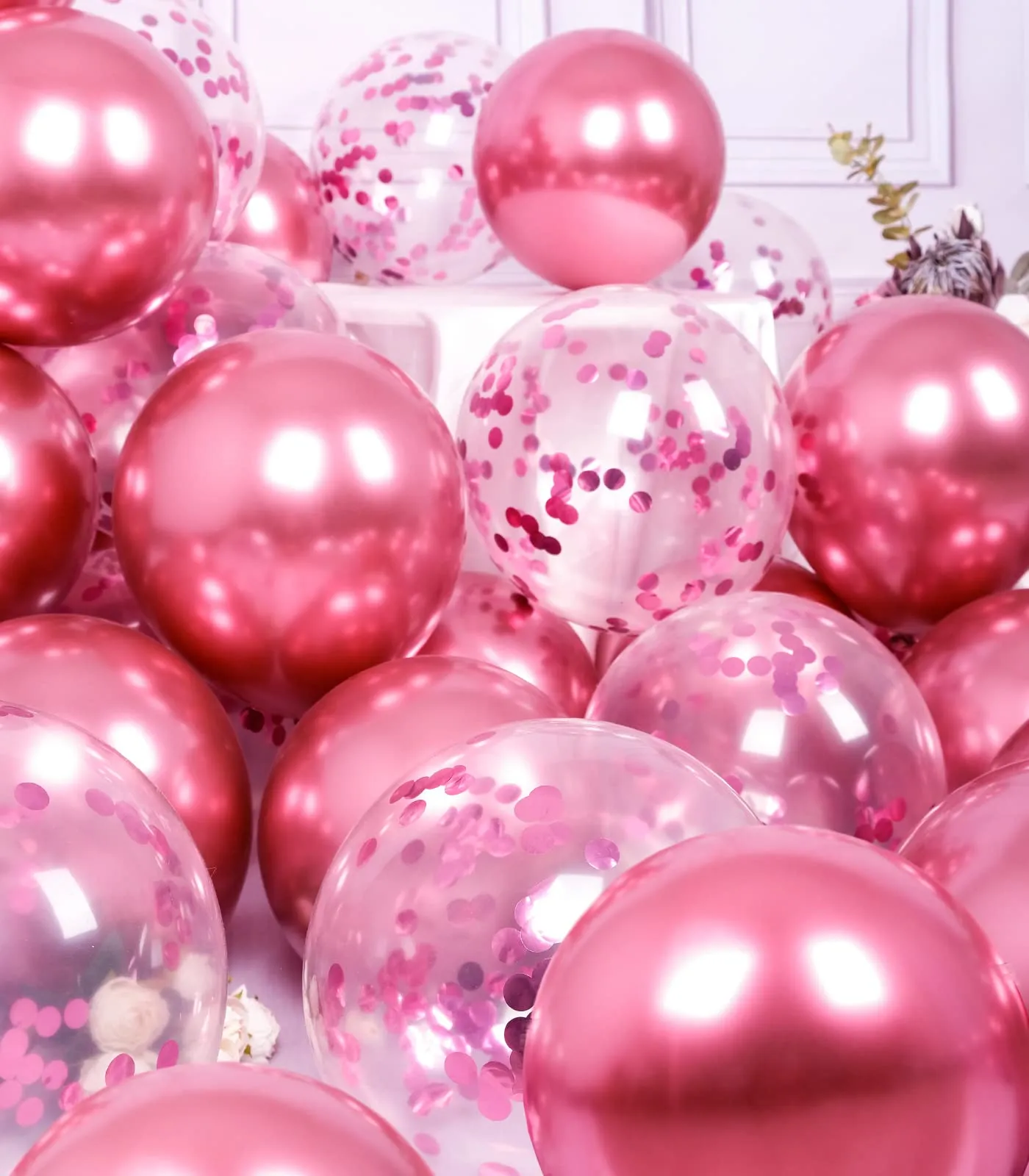 SUWEN Set 47 Pezzi Palloncini Rosa Metallico e Confetti - immagine 2
