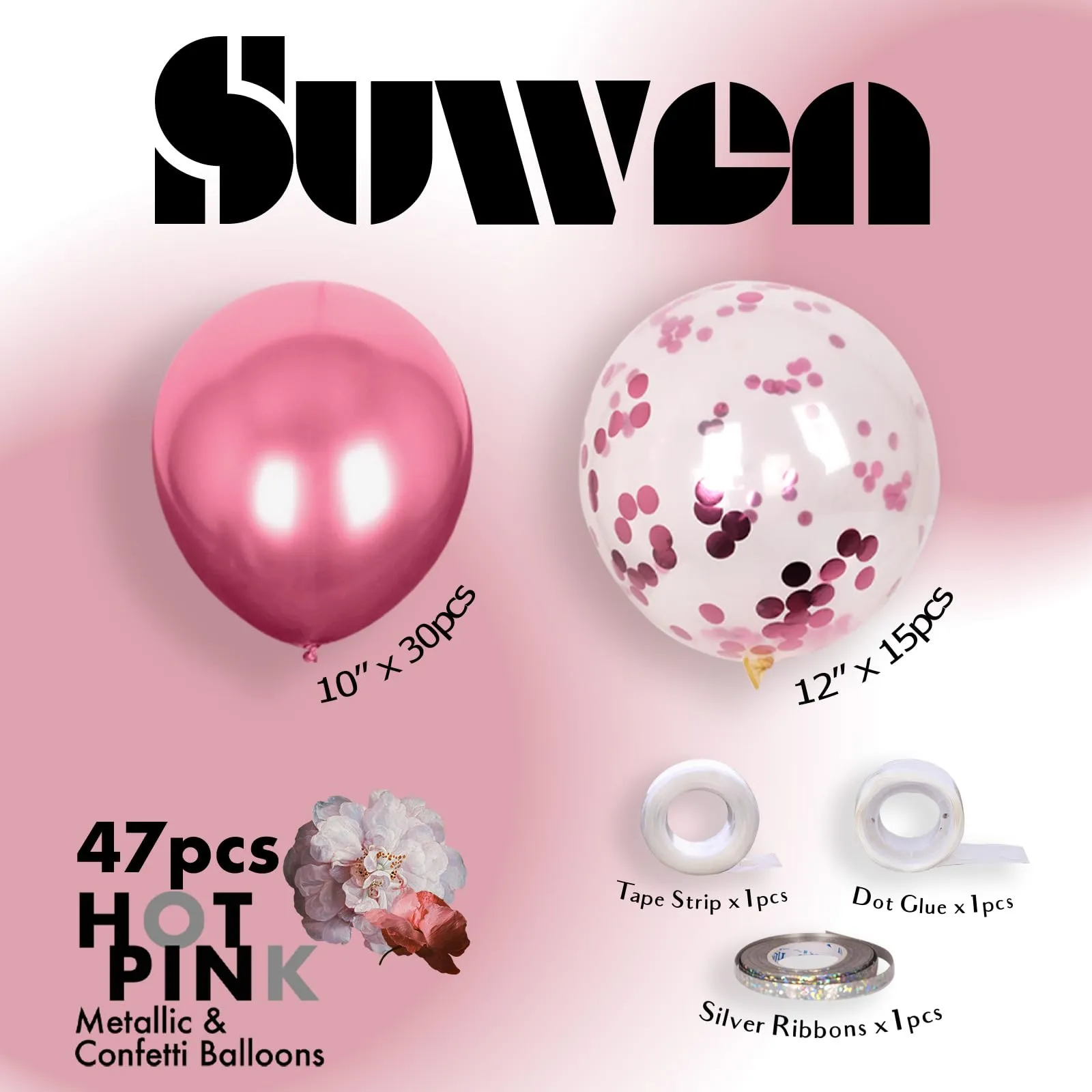 SUWEN Set 47 Pezzi Palloncini Rosa Metallico e Confetti - immagine 3
