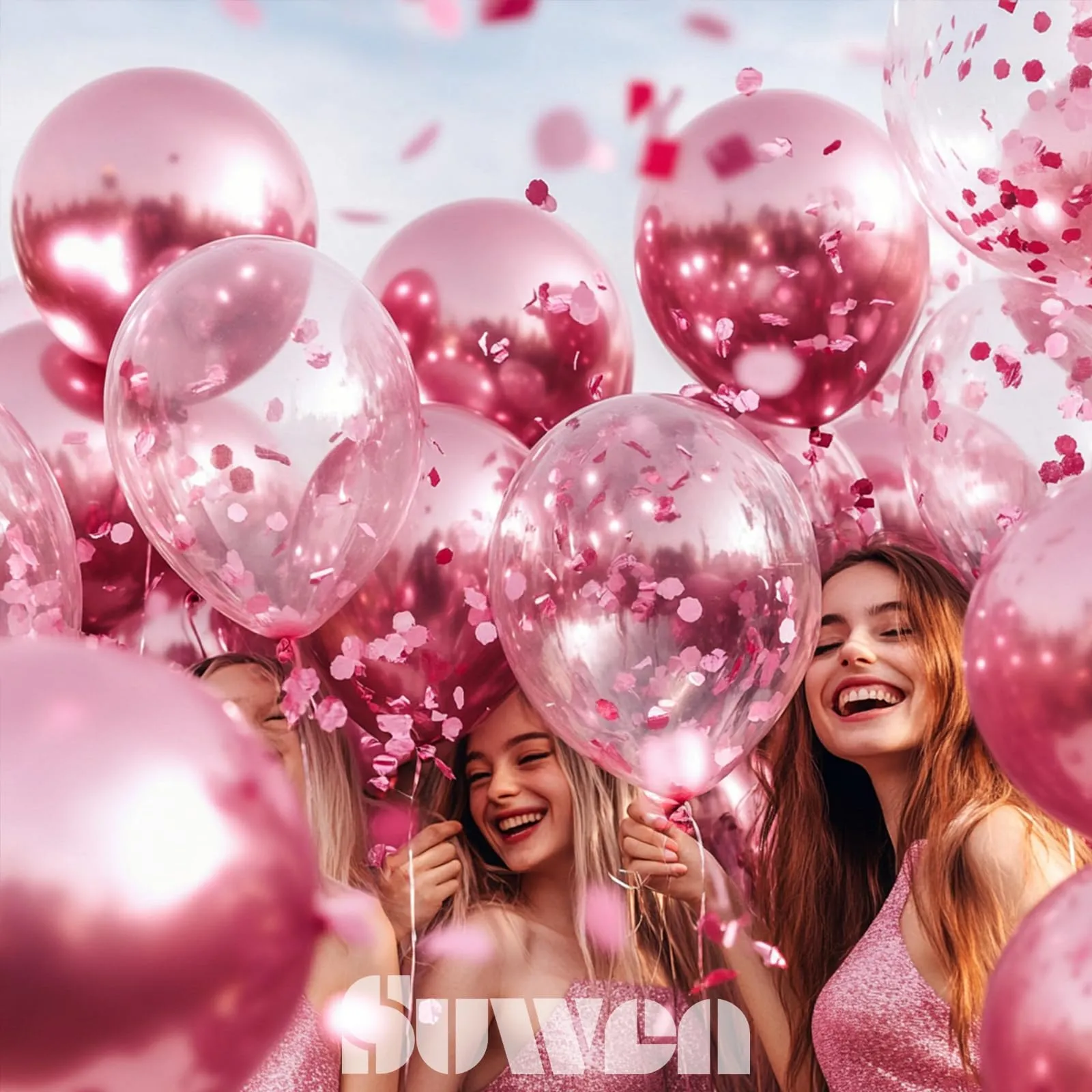 SUWEN Set 47 Pezzi Palloncini Rosa Metallico e Confetti - immagine 5