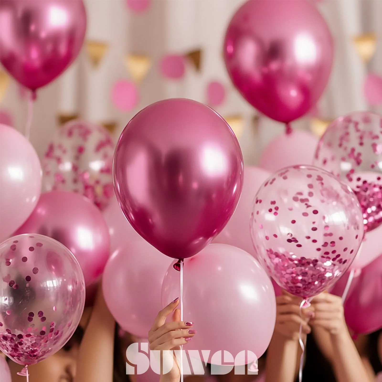 SUWEN Set 47 Pezzi Palloncini Rosa Metallico e Confetti - immagine 6