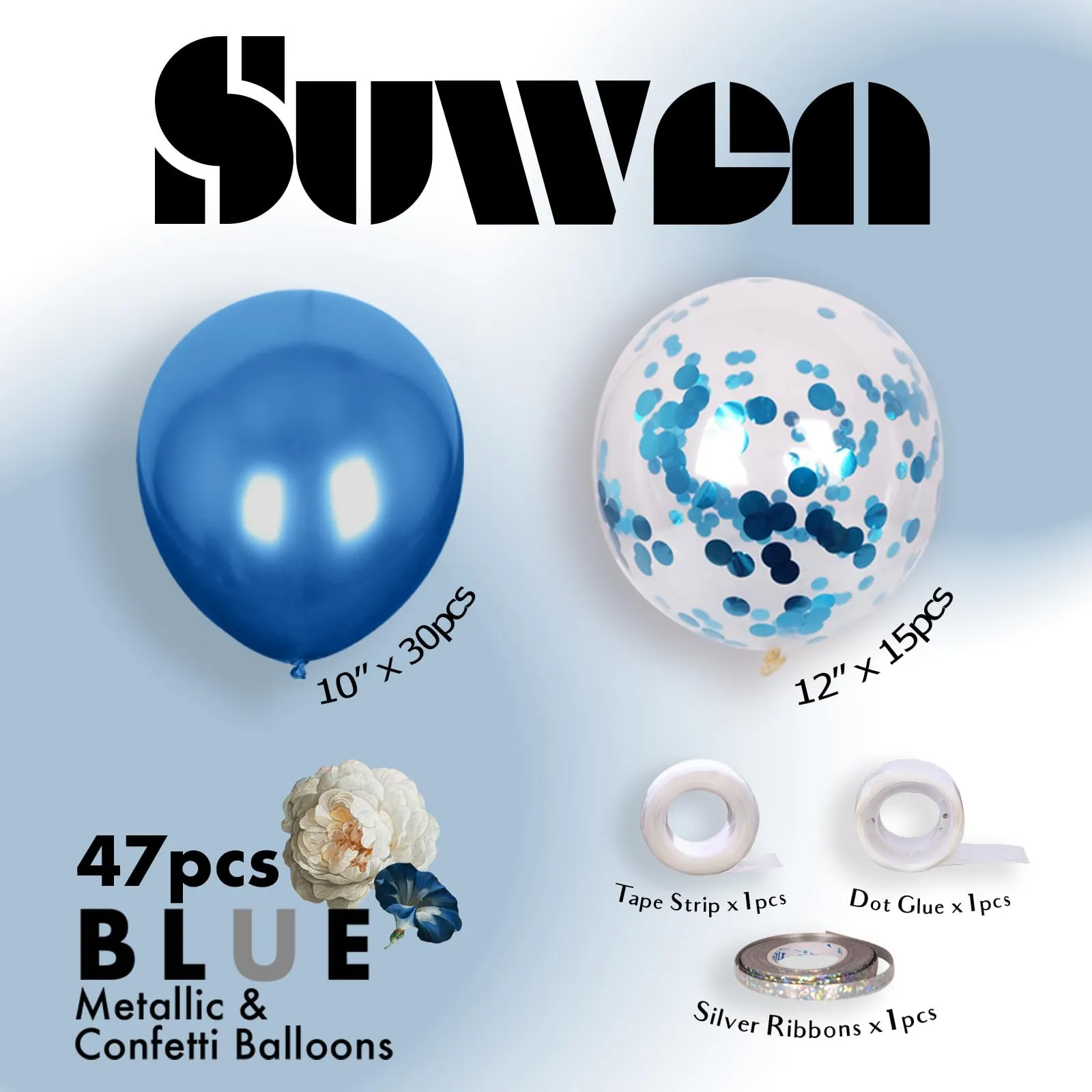 SUWEN Set 47 Pezzi Palloncini Blu Metallico e Confetti - immagine 2