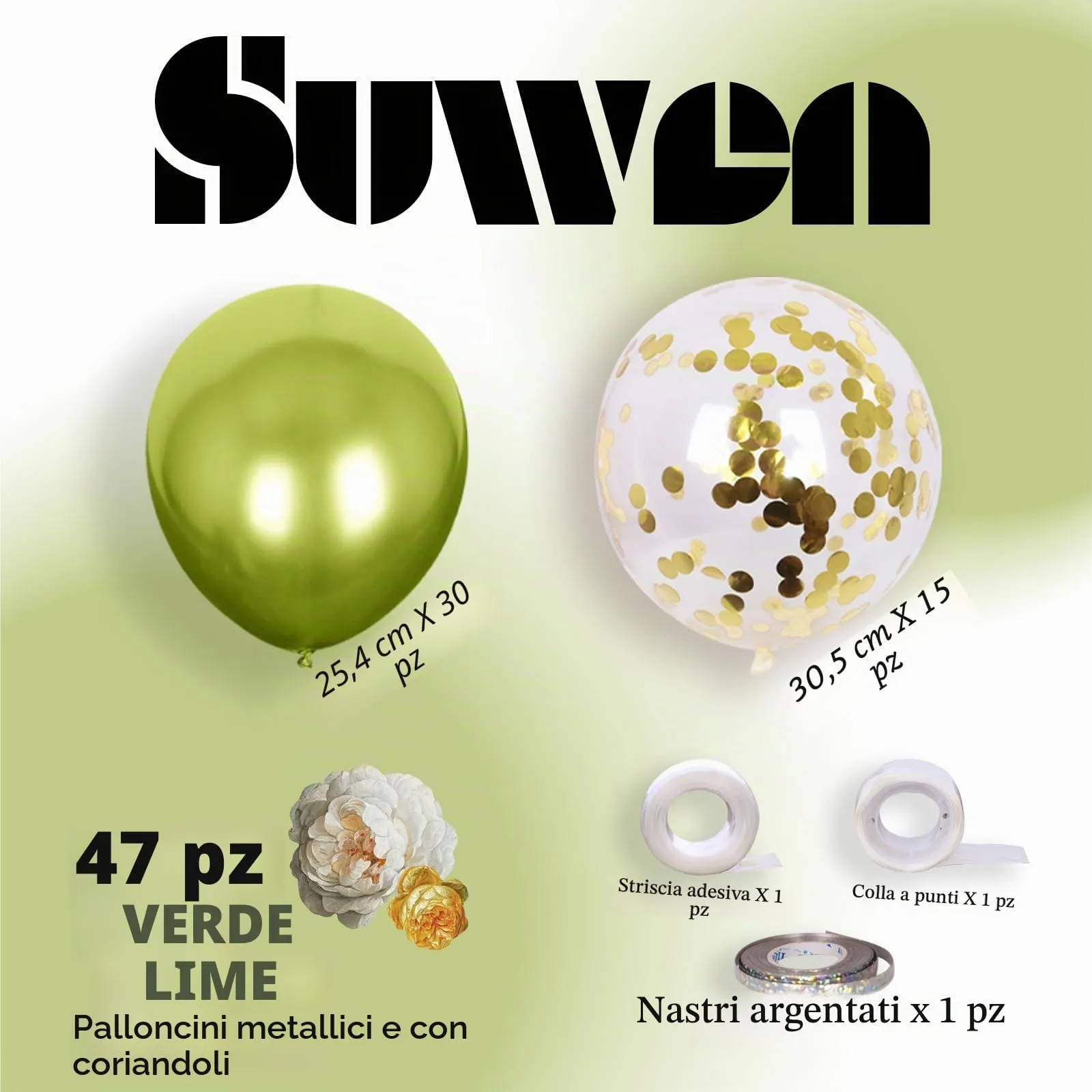SUWEN Set 47 Pezzi Palloncini Confetti Verde Lime Metallico - immagine 2