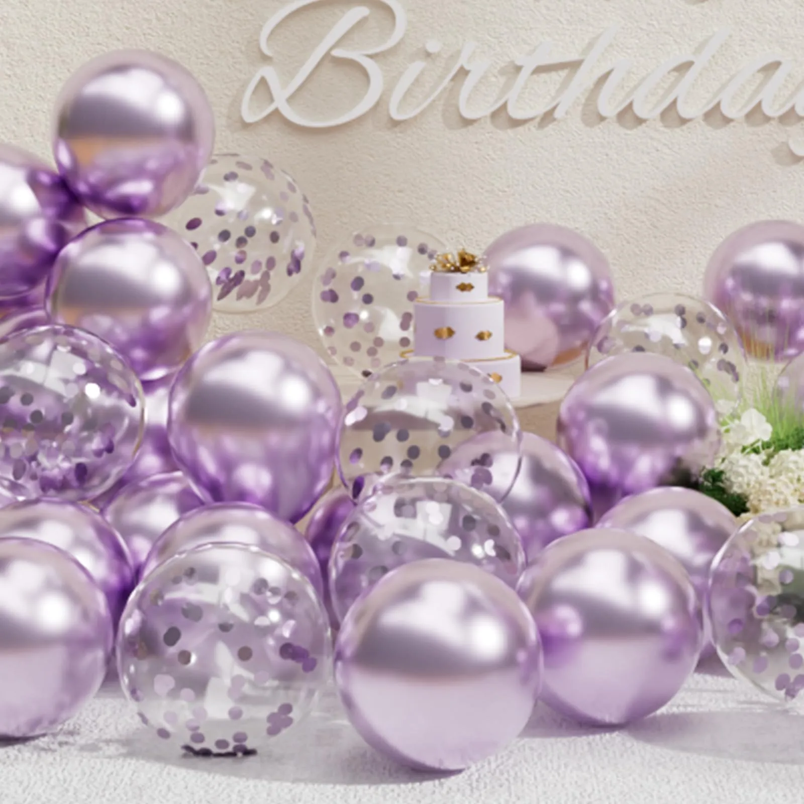 SUWEN Set 47 Pezzi Palloncini Lavanda Metallico e Confetti - immagine 1