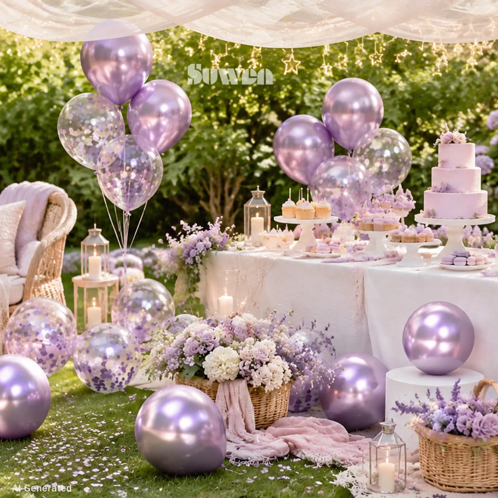 SUWEN Set 47 Pezzi Palloncini Lavanda Metallico e Confetti - immagine 3