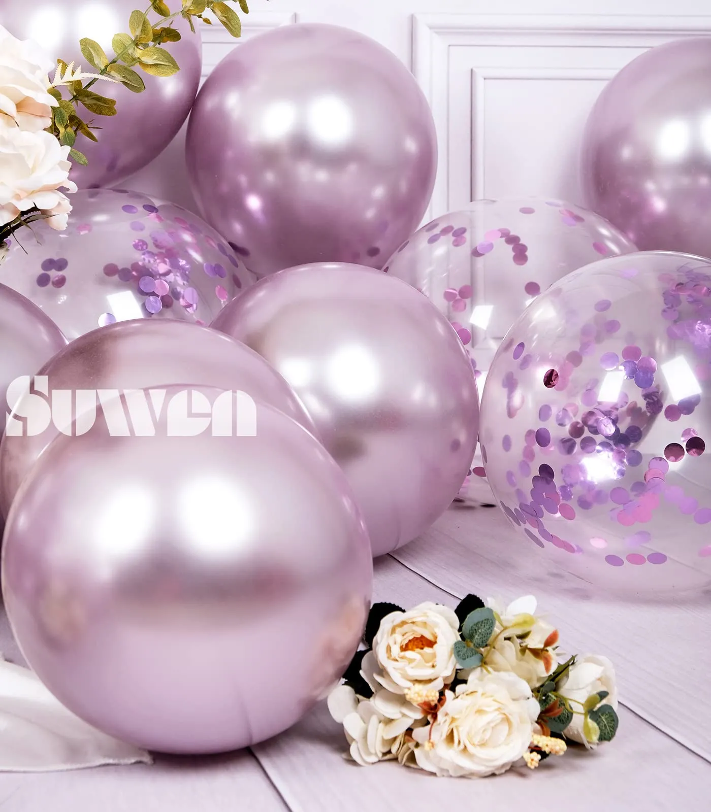 SUWEN Set 47 Pezzi Palloncini Lavanda Metallico e Confetti - immagine 5