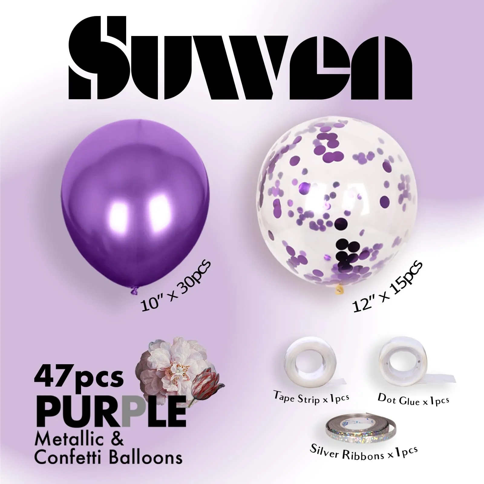 SUWEN Set 47 Pezzi Palloncini Viola Metallico e Confetti - immagine 2