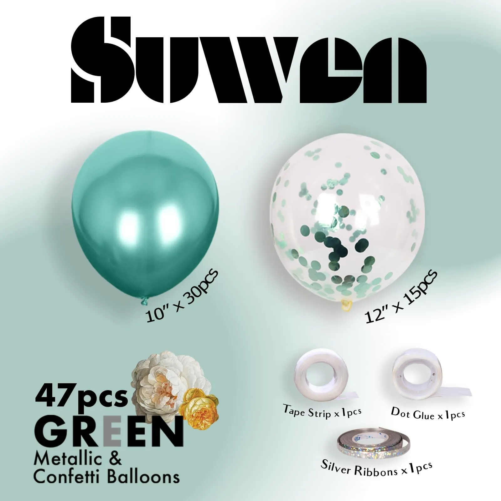 SUWEN Set 47 Pezzi Palloncini Verde Metallico e Confetti - immagine 4