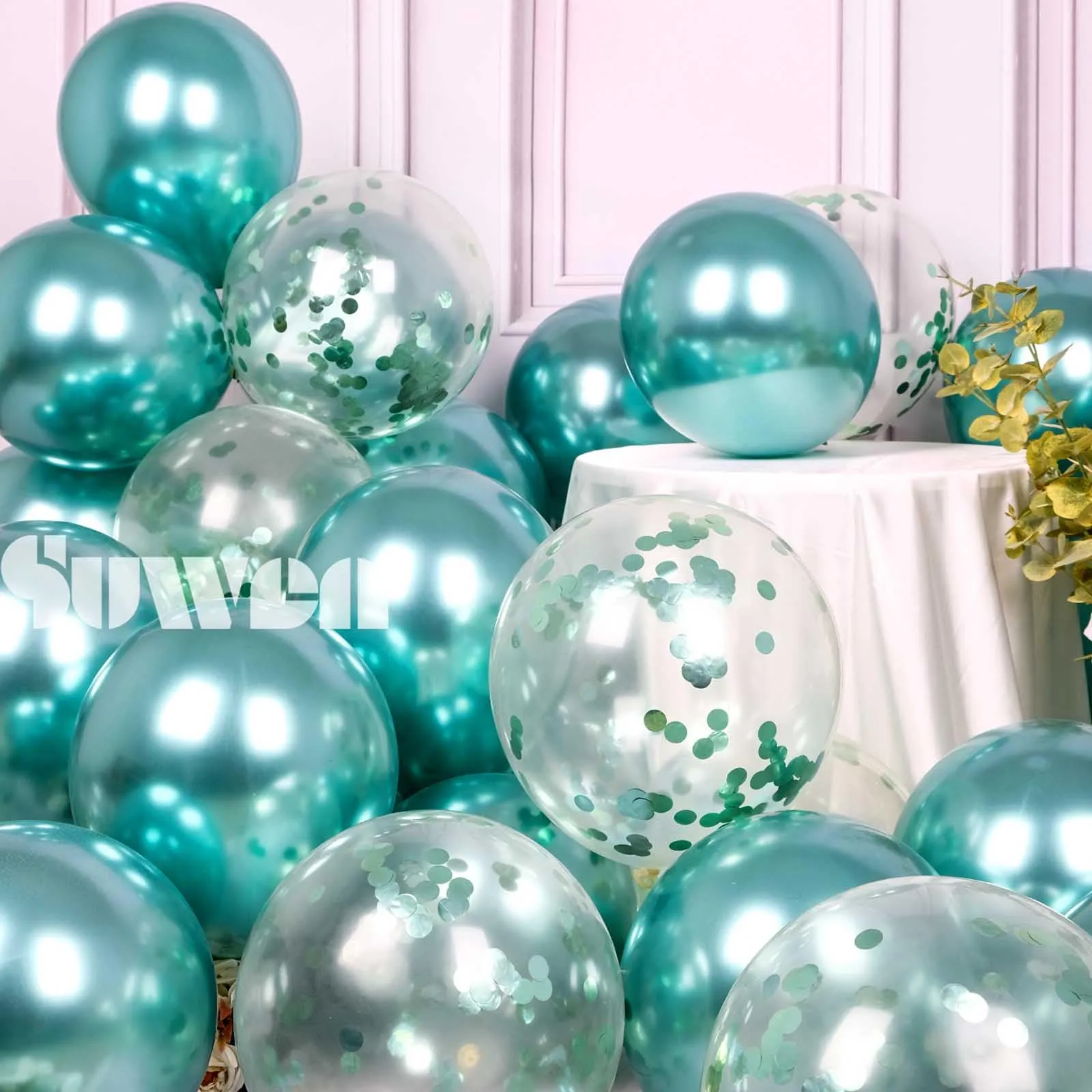 SUWEN Set 47 Pezzi Palloncini Verde Metallico e Confetti - immagine 5