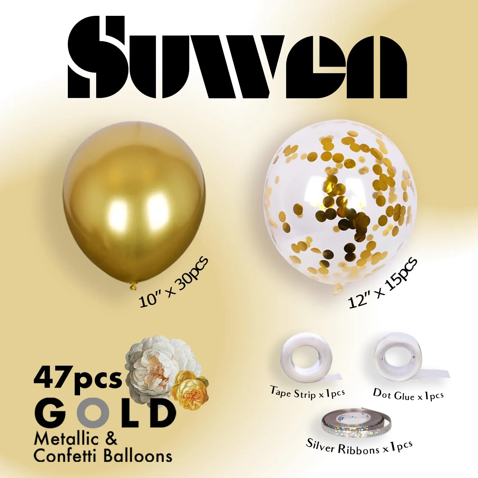 SUWEN Set di 47 Palloncini Oro Metallico e Confetti - immagine 2