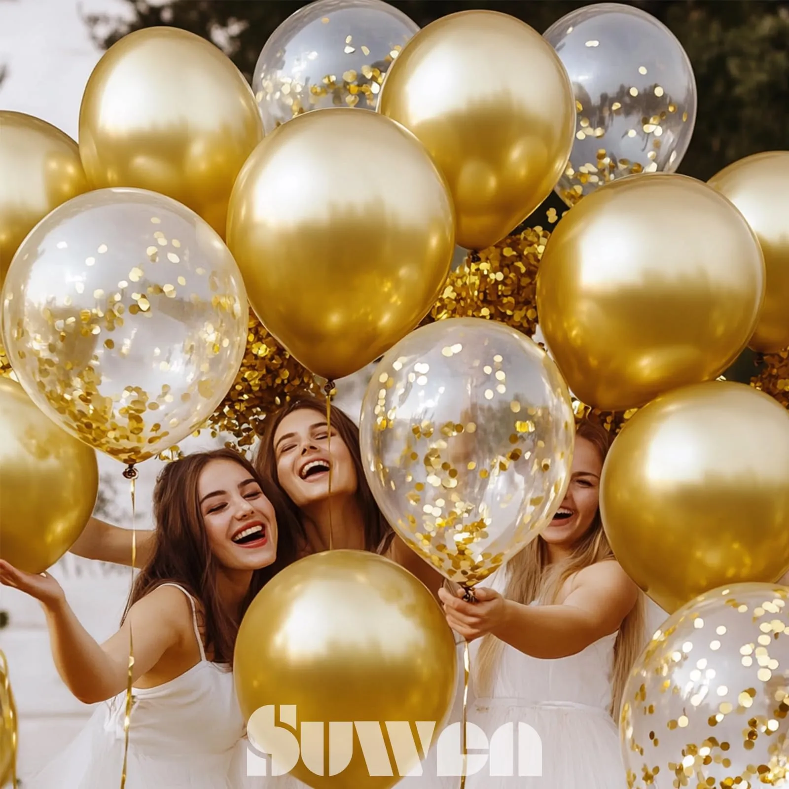 SUWEN Set di 47 Palloncini Oro Metallico e Confetti - immagine 3